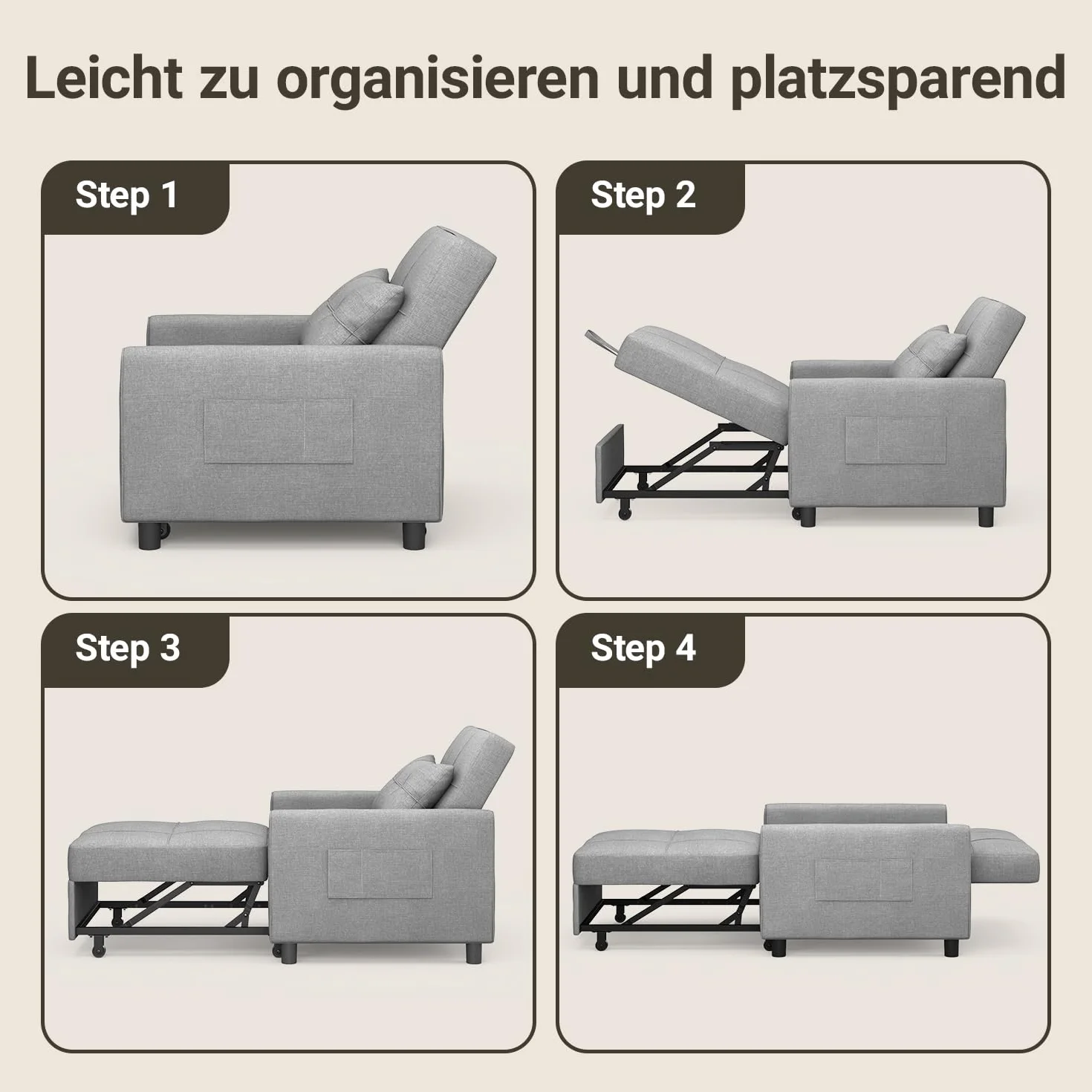 Fotel Do Spania 3 w 1 Rozkładana Sofa z Poduszkami i Kieszeniami Boczny, Jasnoszary