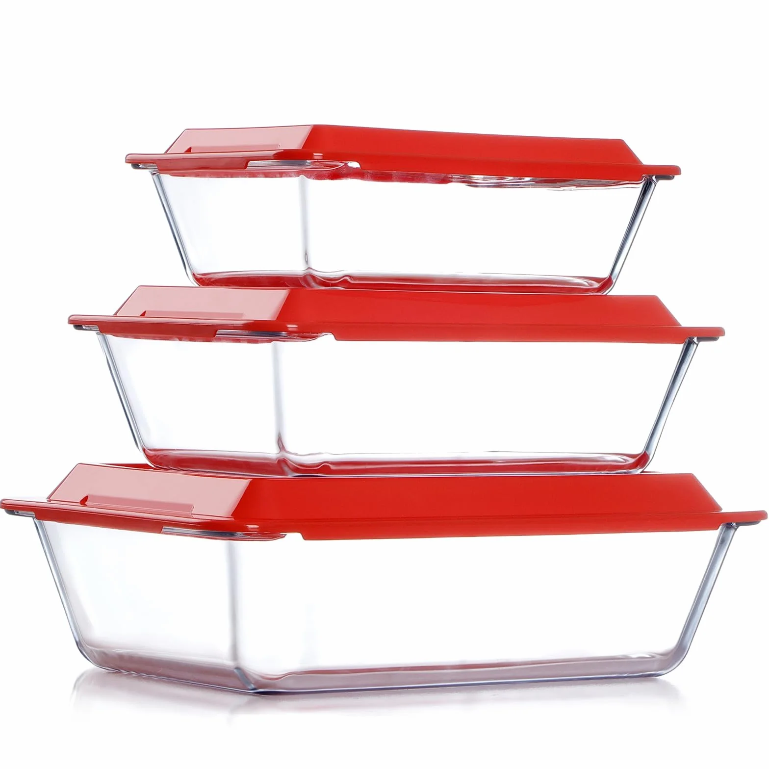 NUTRIUPS Zestaw 3 głębokich szklanych naczyń do pieczenia z plastikowymi pokrywkami, głęboka lasagne, do piekarnika, prostokątne szklane naczynia do pieczenia 1,4 + 2,3 + 3,5 l