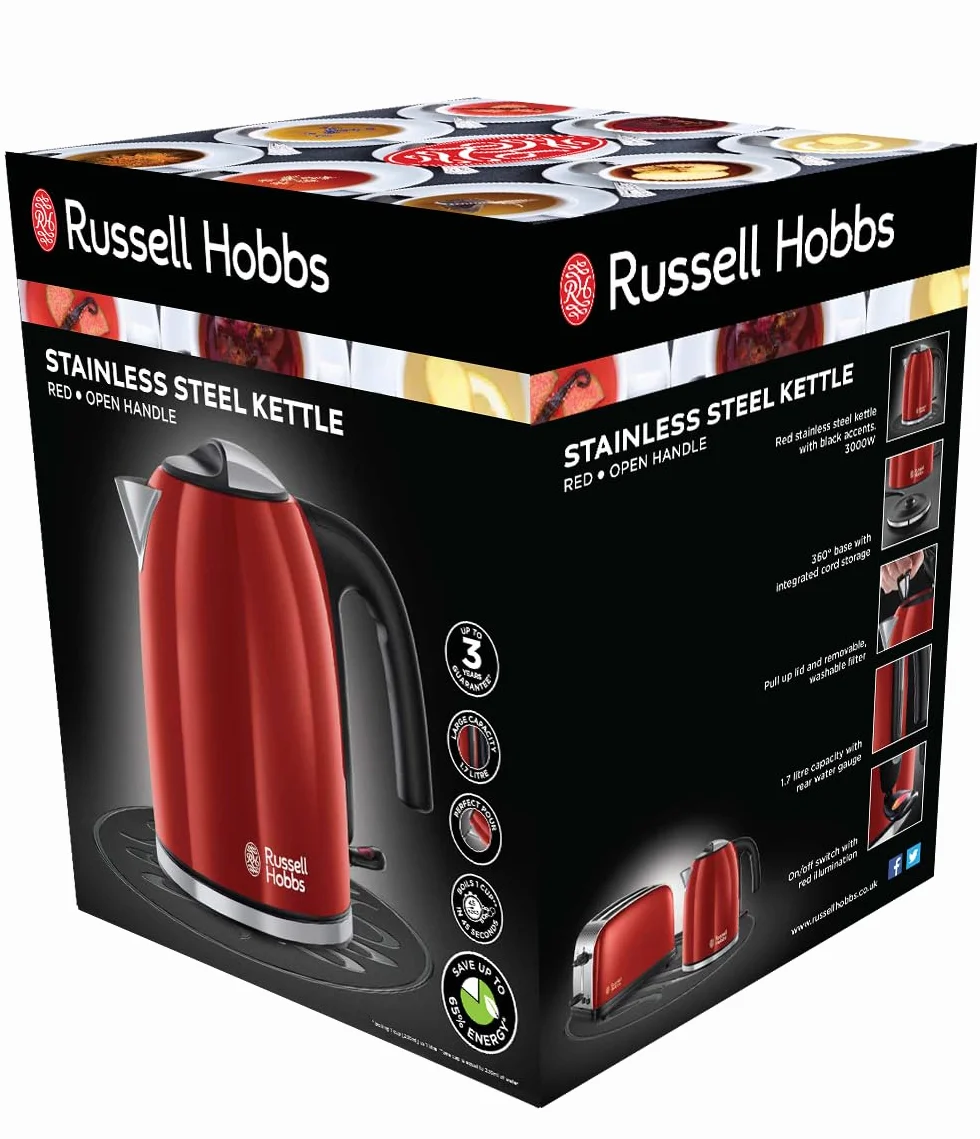 Russell Hobbs czajnik elektryczny, markery szybkiego gotowania, wymienny filtr antywapienny, kontroler strix KEAI, pojemność 1,7l, moc 2200W, stal nierdzewna, czerwony, Colours+ 20412-70