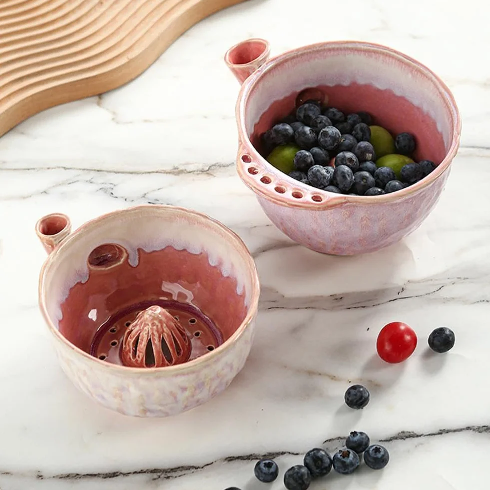Ceramiczna miska do mycia jagód, samoobracająca się myjka do owoców i warzyw z odpływem, kosz do płukania truskawek i jagód, niezbędne akcesoria kuchenne