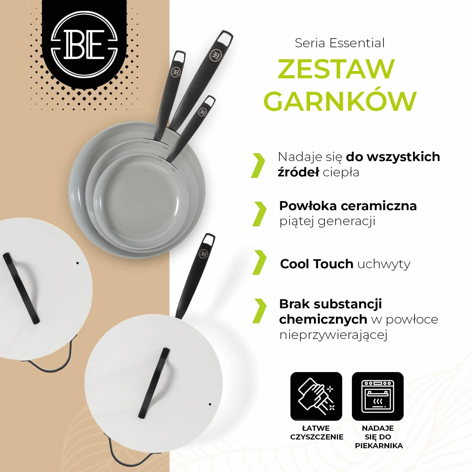 BE Living Essential 5-częściowy zestaw garnków, Ø 20, 24 i 28 cm patelnia do smażenia + Ø 30 cm patelnia do gotowania + Ø 28 cm, zestaw patelni, ceramiczne, bez PFAS, indukcja, biały