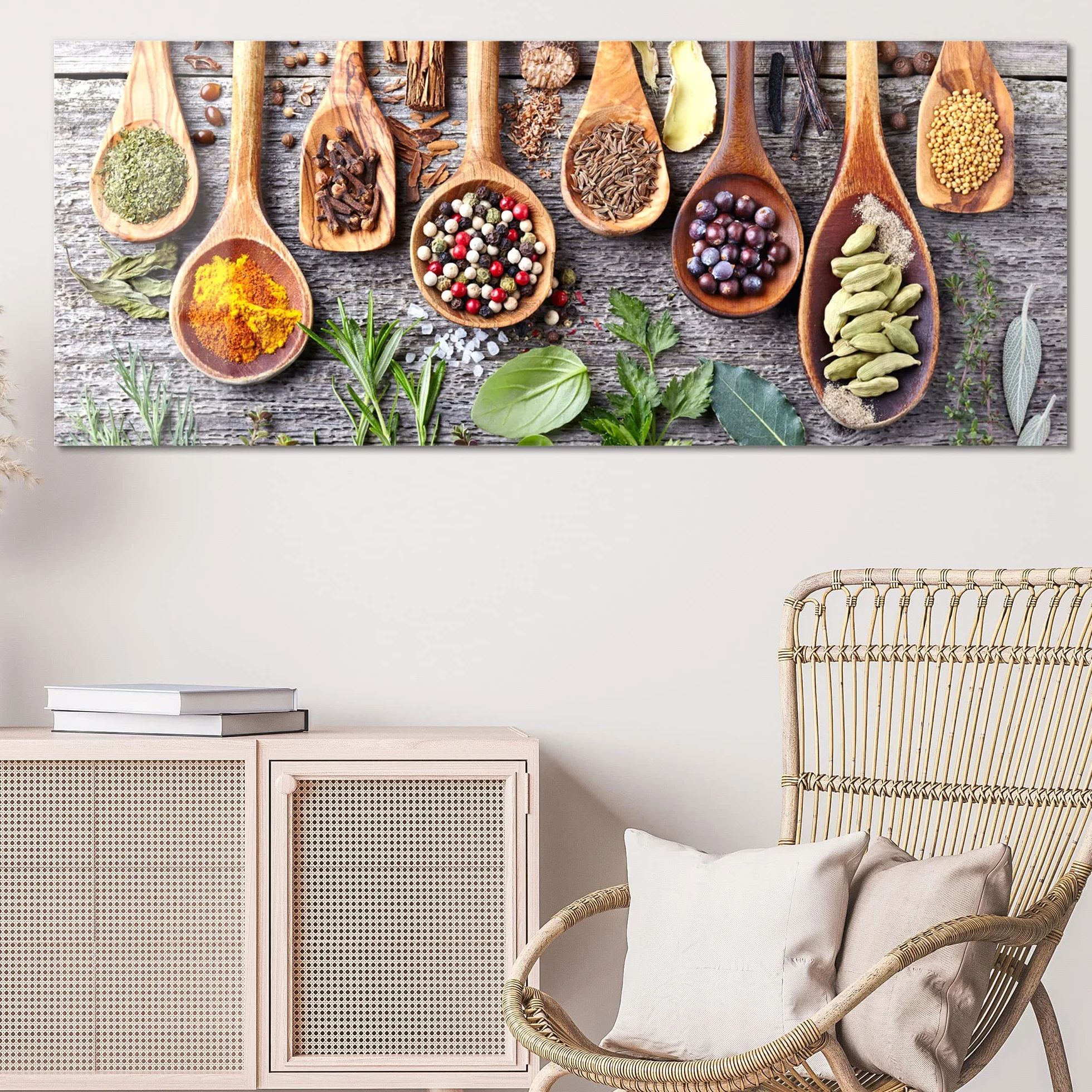 DEQORI Obraz na szkle z prawdziwego szkła | motyw zdobione łyżki kuchenne | poziomo jednoczęściowa 150 x 60 cm | piękna dekoracja | obraz ścienny do salonu, sypialni, korytarza i kuchni | nowoczesna dekoracja ścienna