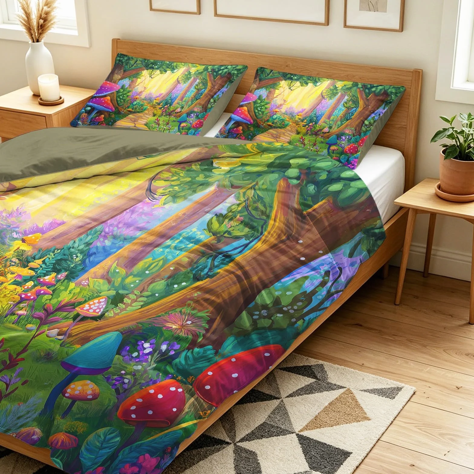 Generisch Zestaw pościeli z motywem lasu z kreskówki, bajkowa droga, grzyb, drzewa, komplet pościeli 200 x 200 cm, 3-częściowy, dekoracyjna, poszewka na kołdrę z mikrofibry, poszewka na kołdrę z 2