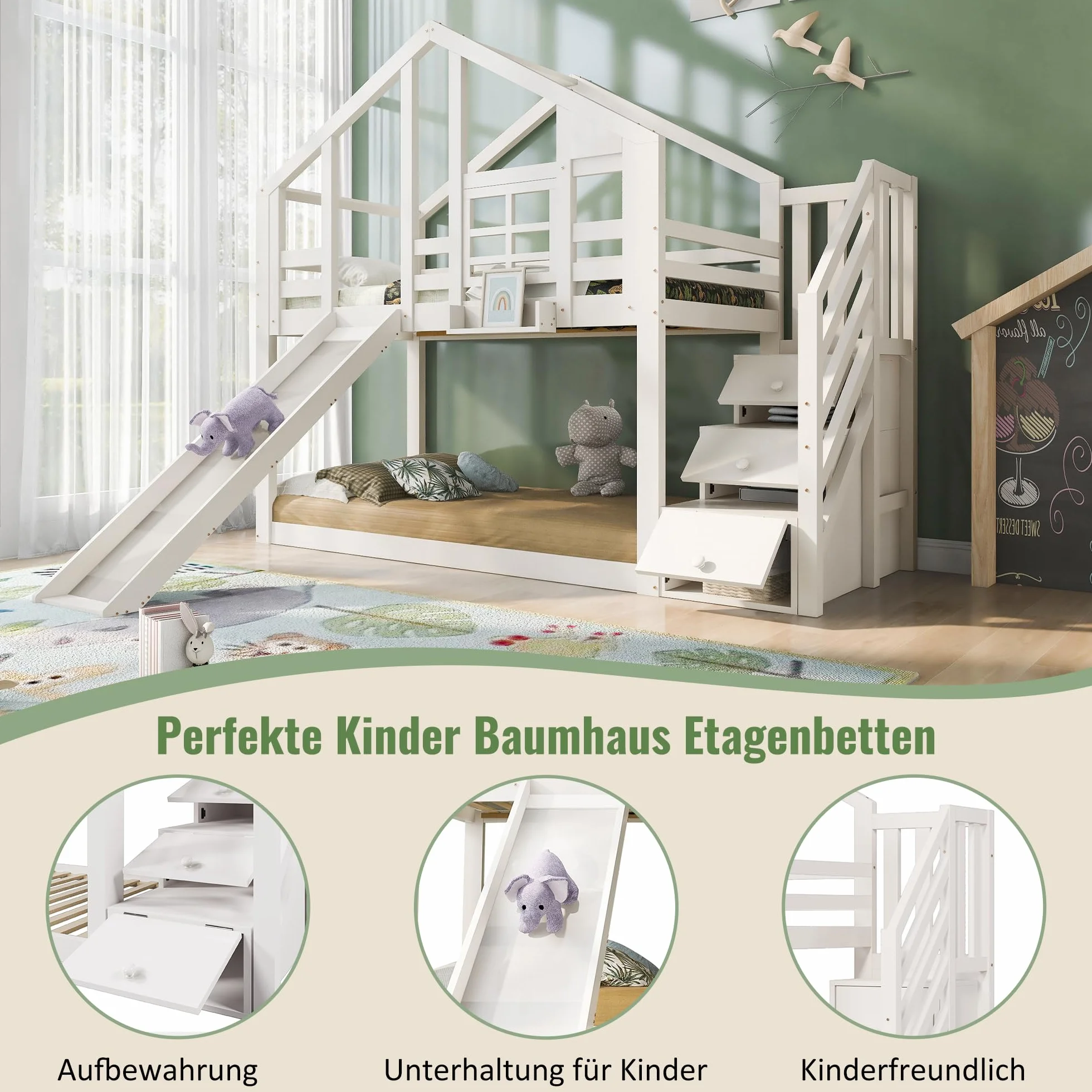 YESGIGA Łóżko dziecięce domek z zjeżdżalnią i drabinką 90 x 200 cm, łóżko piętrowe dla dzieci, łóżko dziecięce z barierką ochronną (z zjeżdżalnią i szufladą)