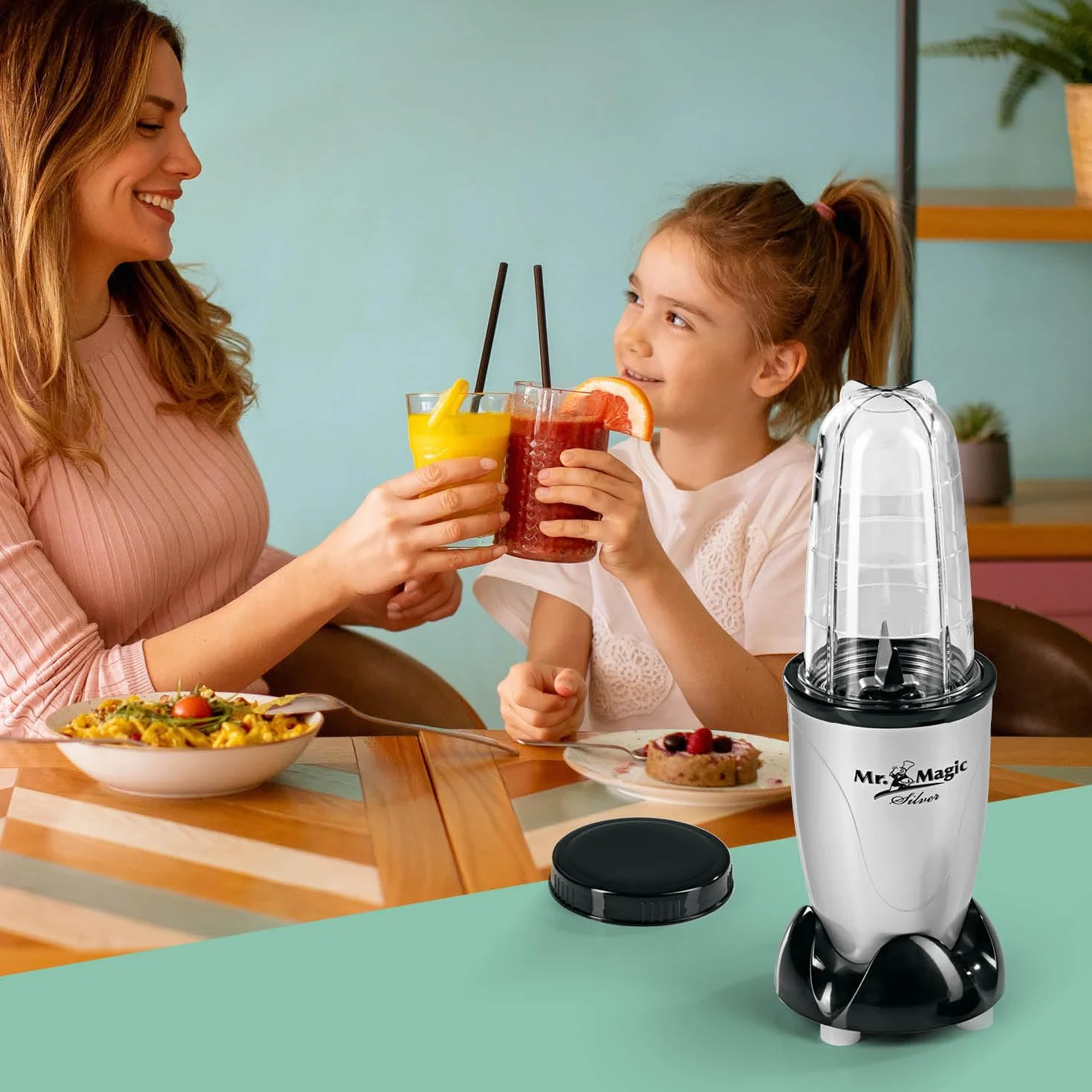 GOURMETmaxx Mr. Magic Mixer | Smoothie Maker - 4-częściowy | Mikser stojący z kubkiem do miksowania i pokrywką utrzymującą świeżość | Blender z 8 funkcjami | Procesor do przygotowywania koktajli,