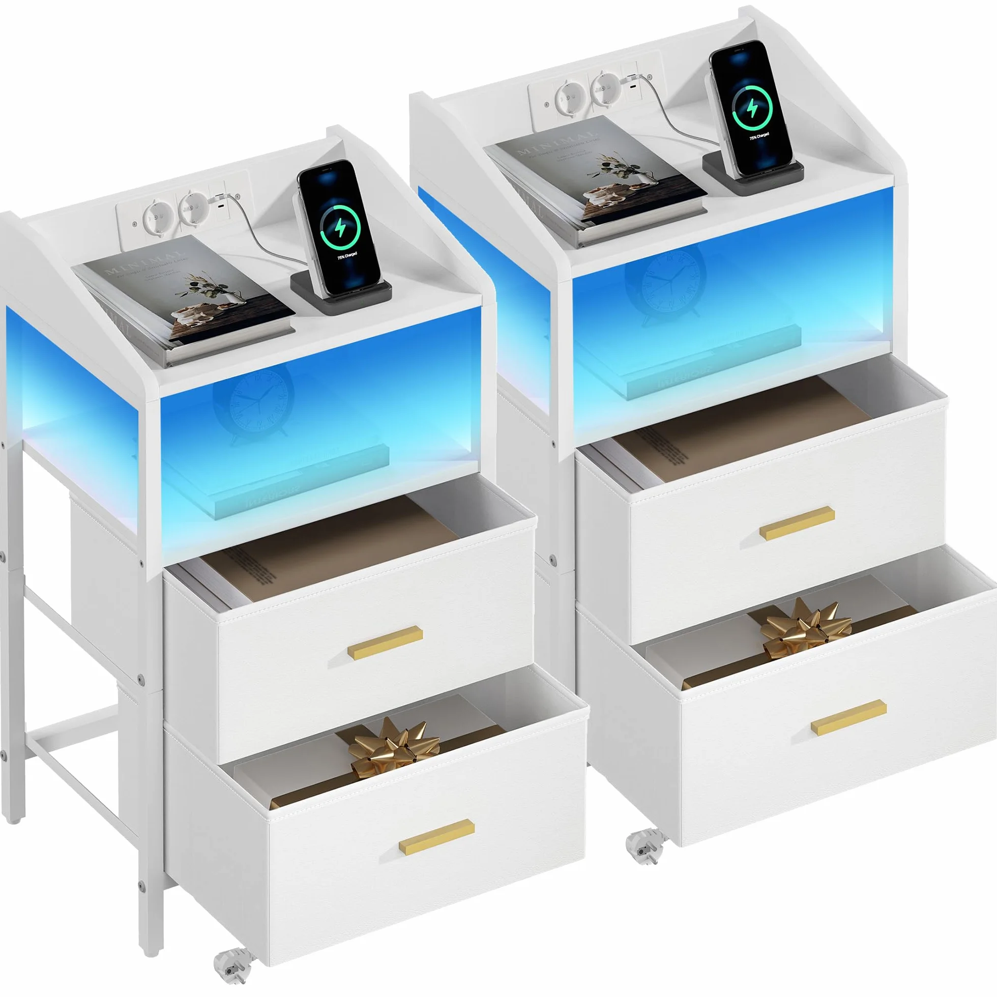 Hzuaneri Stolików nocnych z oświetleniem LED i stacją ładującą, szafki nocne z 2 szufladami z tkaniny, stolik boczny z portami USB, stoliki nocne do sypialni (Biały, 2er Set)