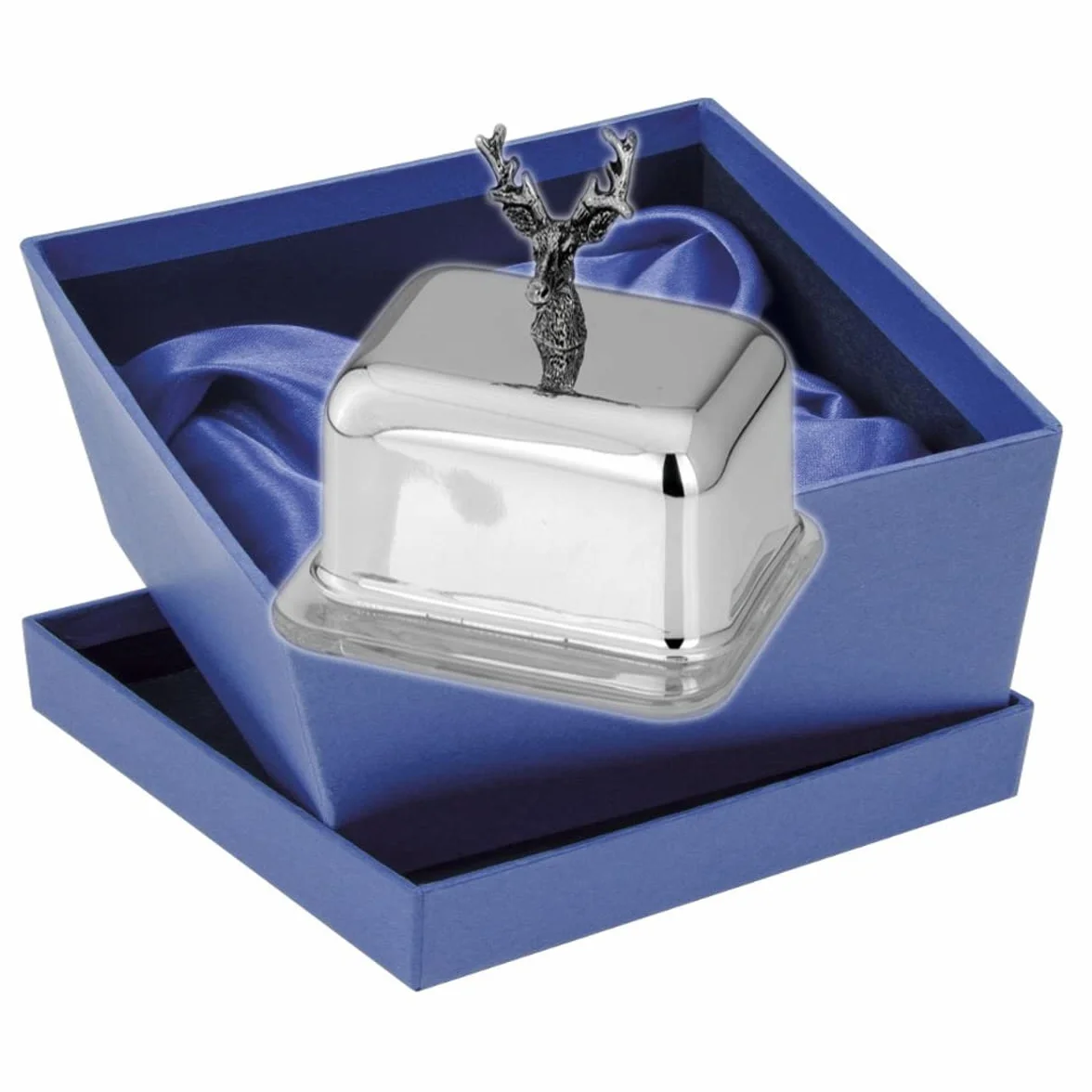 Maselniczka z nożem jeleń 2-częściowa 10 x 8,5 x 9,5 cm 1/4 funta Premium srebro platerowane szlachetnie posrebrzane w doskonałym wykonaniu. Gotowa do podarowania w eleganckim opakowaniu