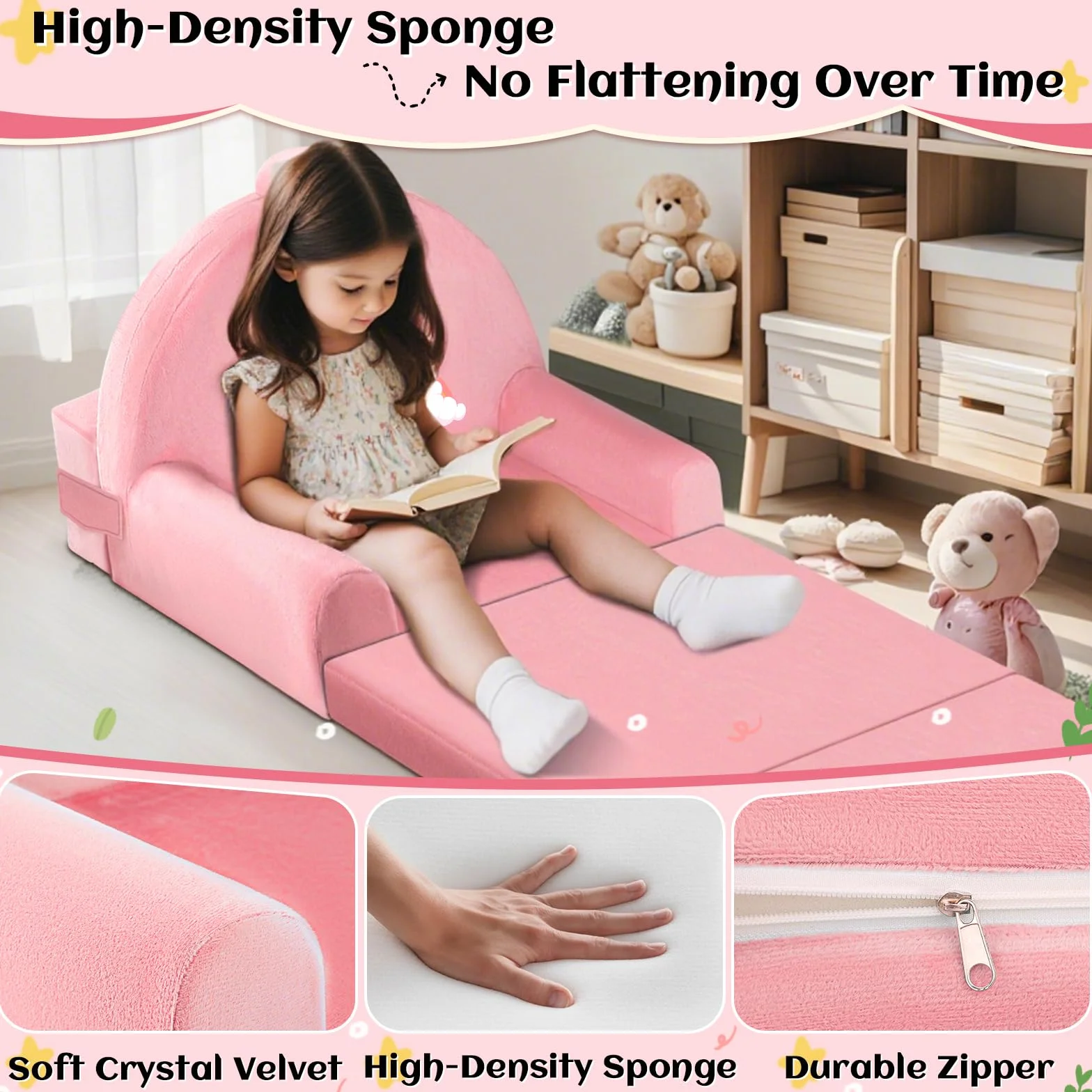 Składane krzesło dla małych dzieci, sofa dziecięca, rozkładana mini kanapa 2 w 1, 150 cm, miękki kryształowy aksamit dla małych dzieci, sofa do zabawy, do sypialni, salonu, pokoju zabaw