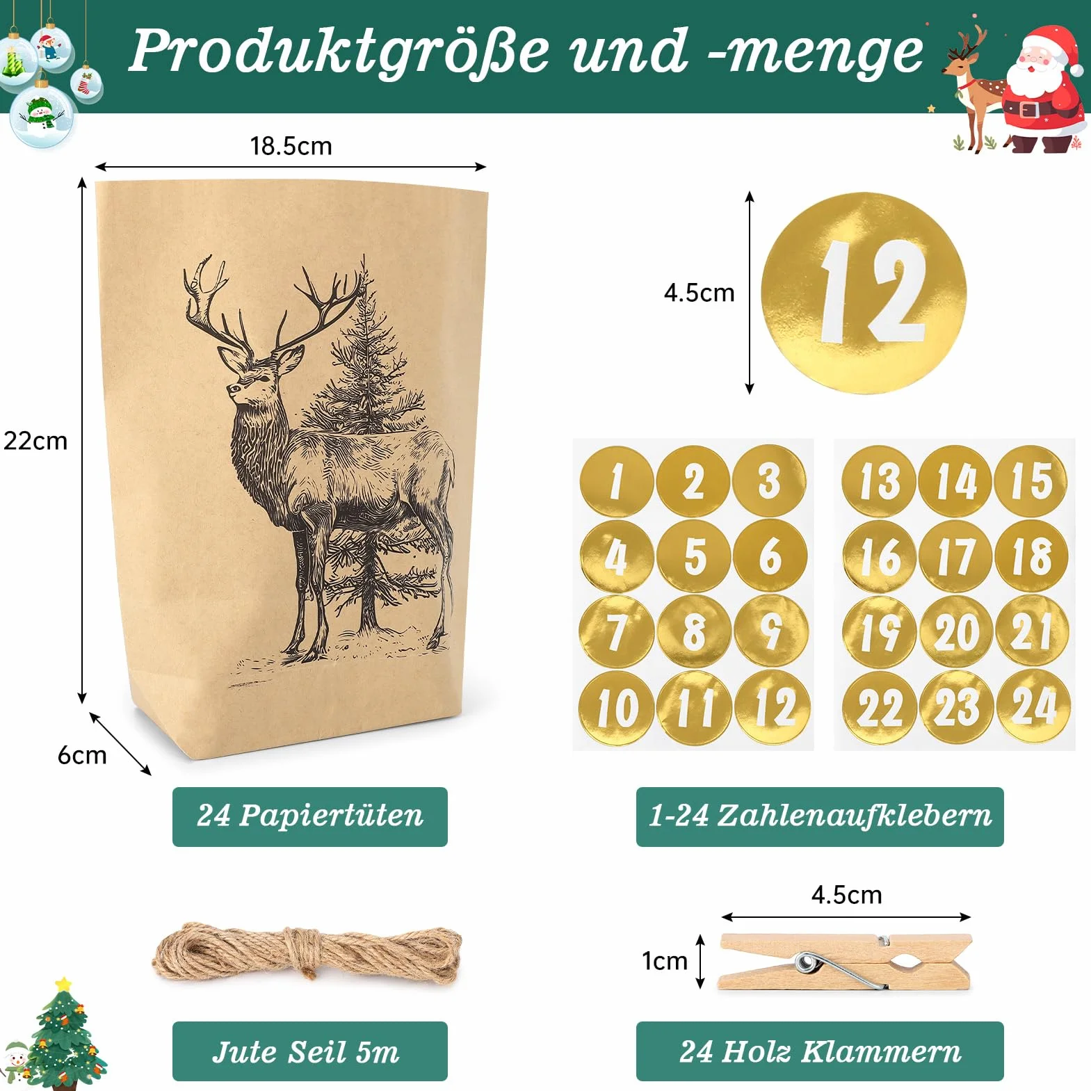 Kalendarz adwentowy 2025 do napełniania, 24 torebki do majsterkowania dla dzieci i dorosłych, kalendarz bożonarodzeniowy do samodzielnego wypełniania naklejkami z liczbami i drewnianym zaciskiem