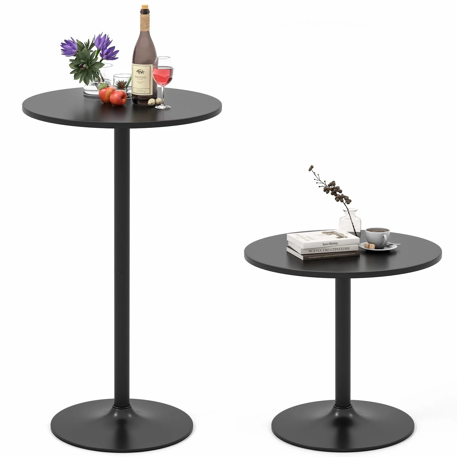 COSTWAY stół barowy i do jadalni, 2 w 1, regulacja wysokości 56/101,5 cm, okrągły stół bistro na balkon, do klubu, pubu, domu, czarny
