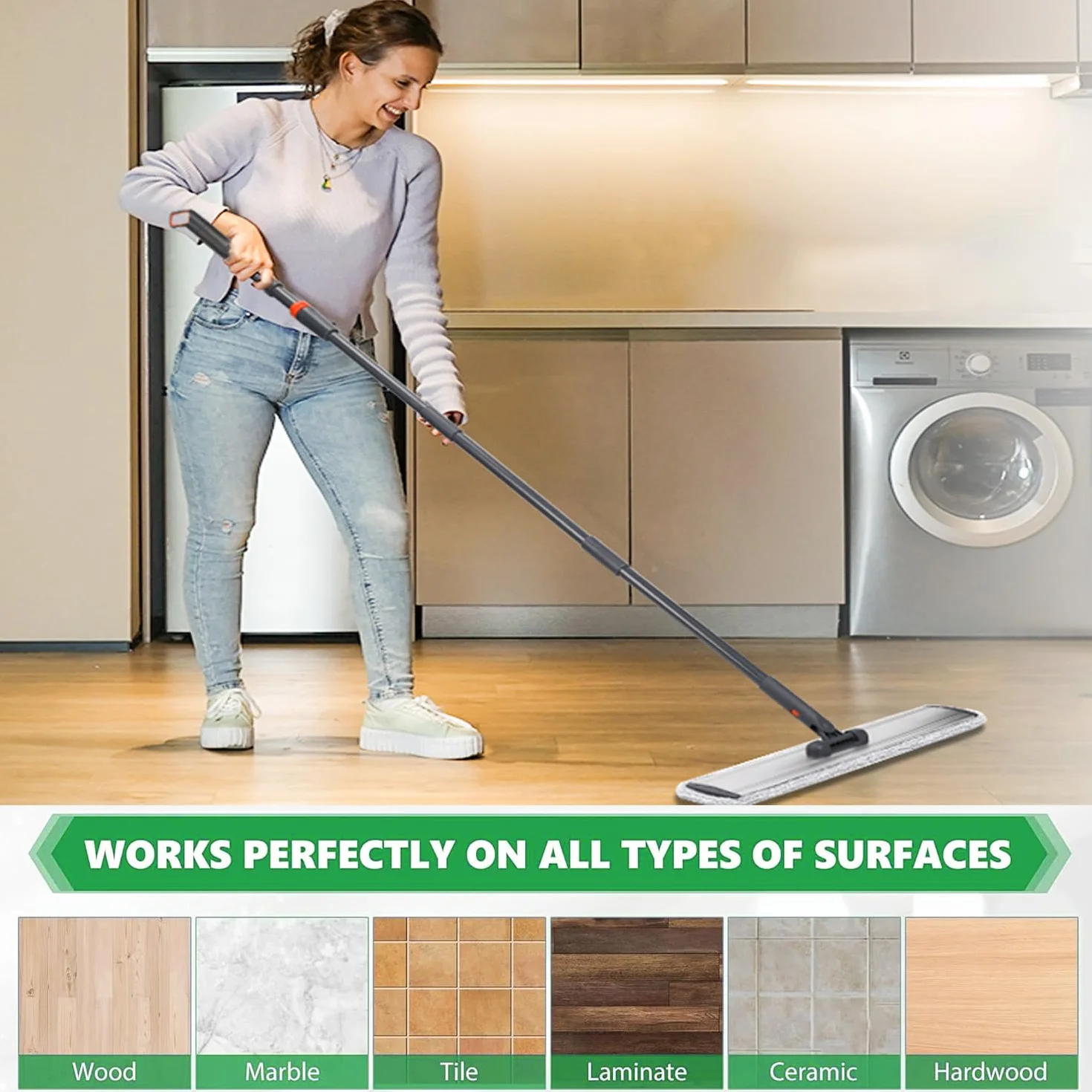 Mop z mikrofibry 45,7 cm mokry mop do czyszczenia podłóg laminowanych z twardego drewna, obracany o 360 stopni, regulowany, lekki mop na mokro / suchy + 5 wkładów do mopa wielokrotnego użytku + 1 szczotka do usuwania brudu