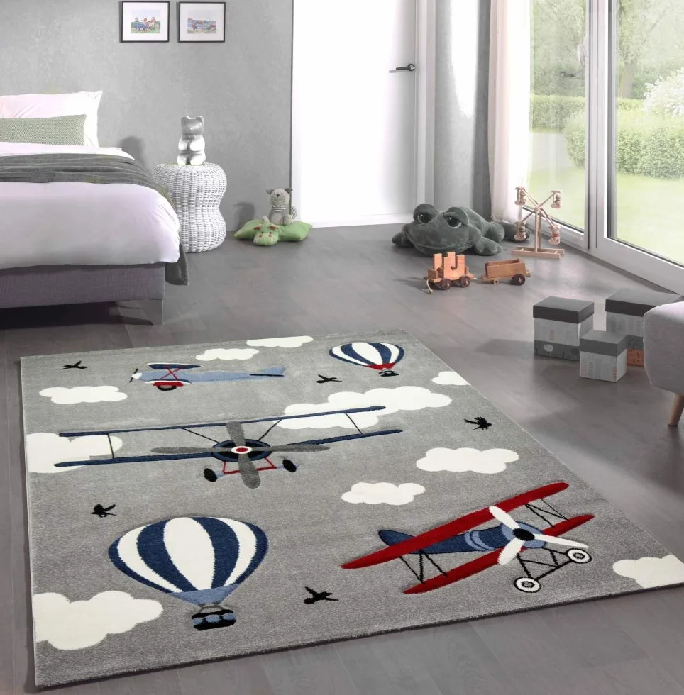 CARPETIA Dywan do pokoju dziecięcego, w samoloty, dwupłaty, balony na gorące powietrze, szary, niebieski, kremowy, wymiary 120 cm okrągły