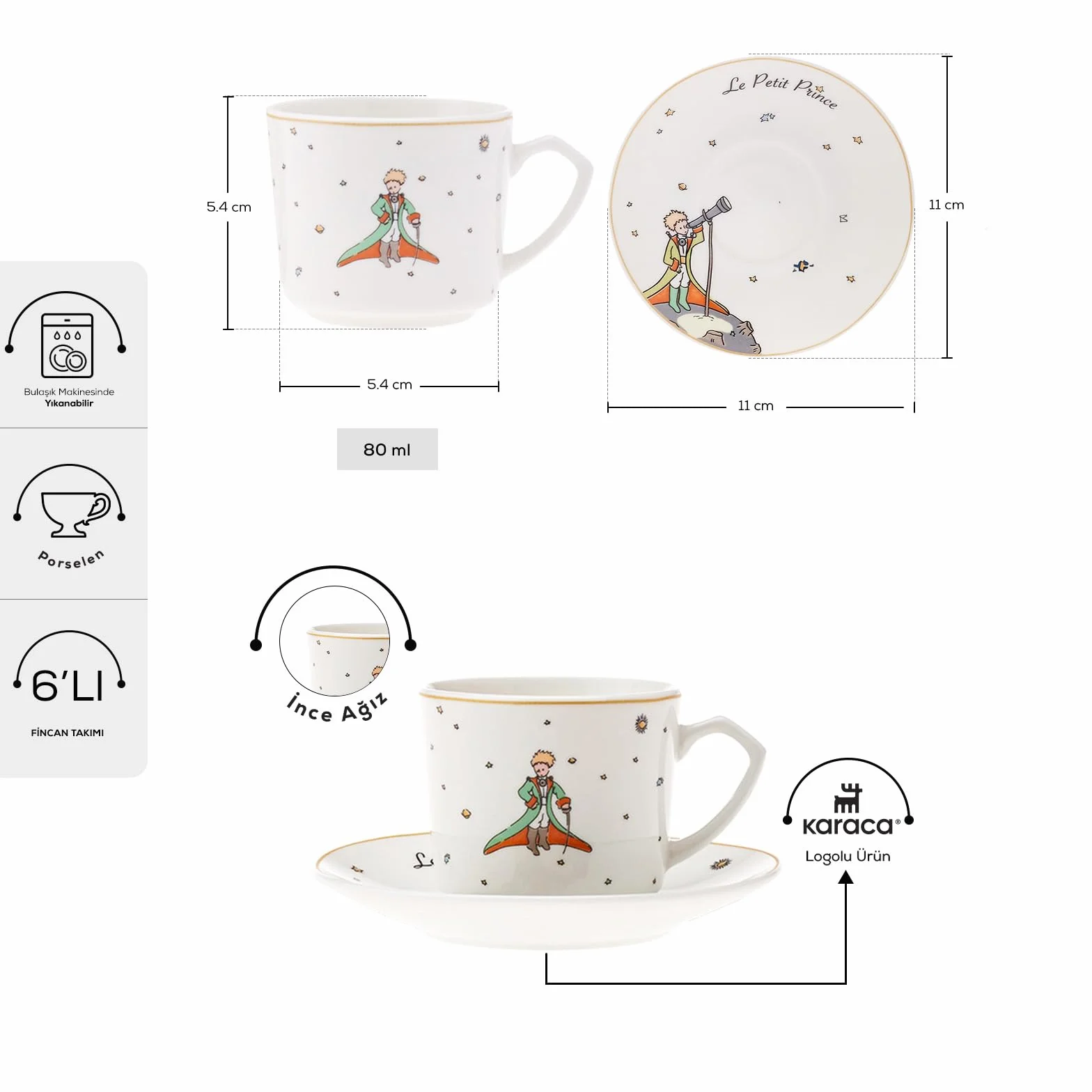 KARACA Le Petit Prince Design Porcelanowe filiżanki do kawy i spodki, zestaw 6 sztuk, białe, wielokolorowe, małe, tureckie filiżanki do kawy, cappuccino, zestaw 12 sztuk, 80 ml