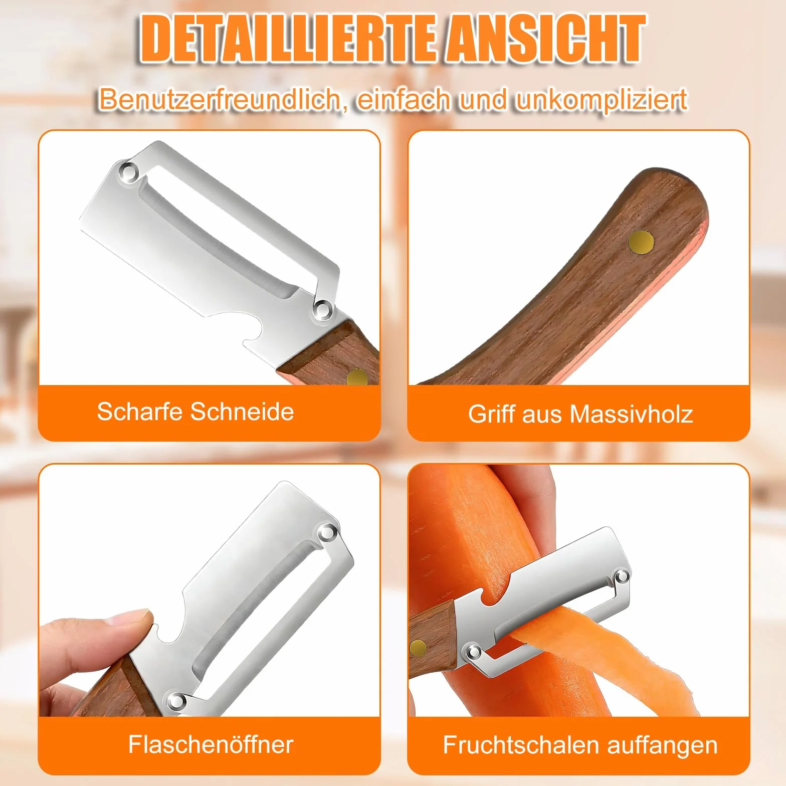 Zestaw 2 wielofunkcyjnych obieraczy do warzyw 3 w 1, wielofunkcyjna obieraczka do warzyw z wbudowanym otwieraczem do butelek i ostrym ostrzem, obieraczka do warzyw z uchwytem z litego drewna