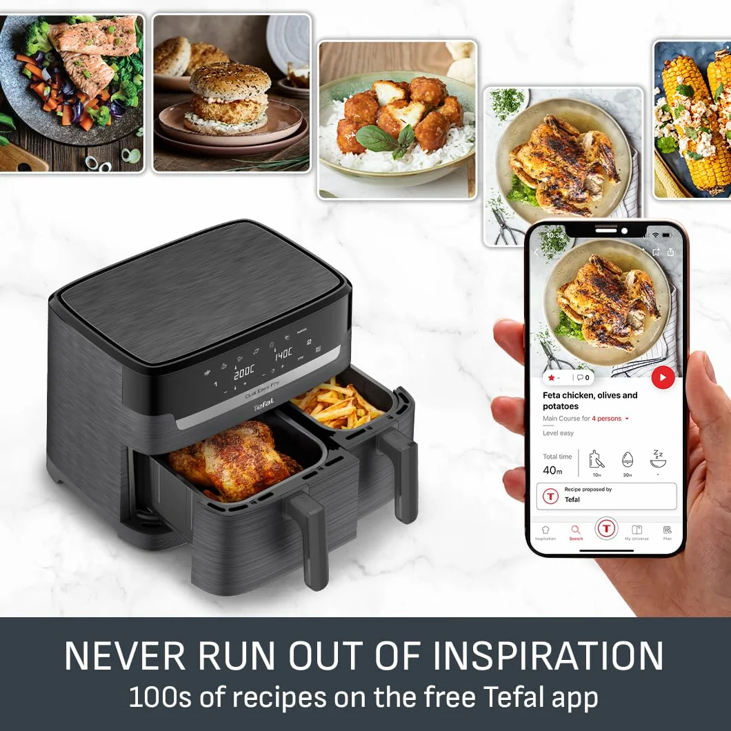 Tefal Easy Fry 2-strefowa cyfrowa frytkownica powietrzna, 2 szuflady, 8,3 l, 8 w 1, smażenie na powietrzu, bardzo chrupiące, grillowanie, pieczenie, podgrzewanie, odwadnianie, 6 porcji