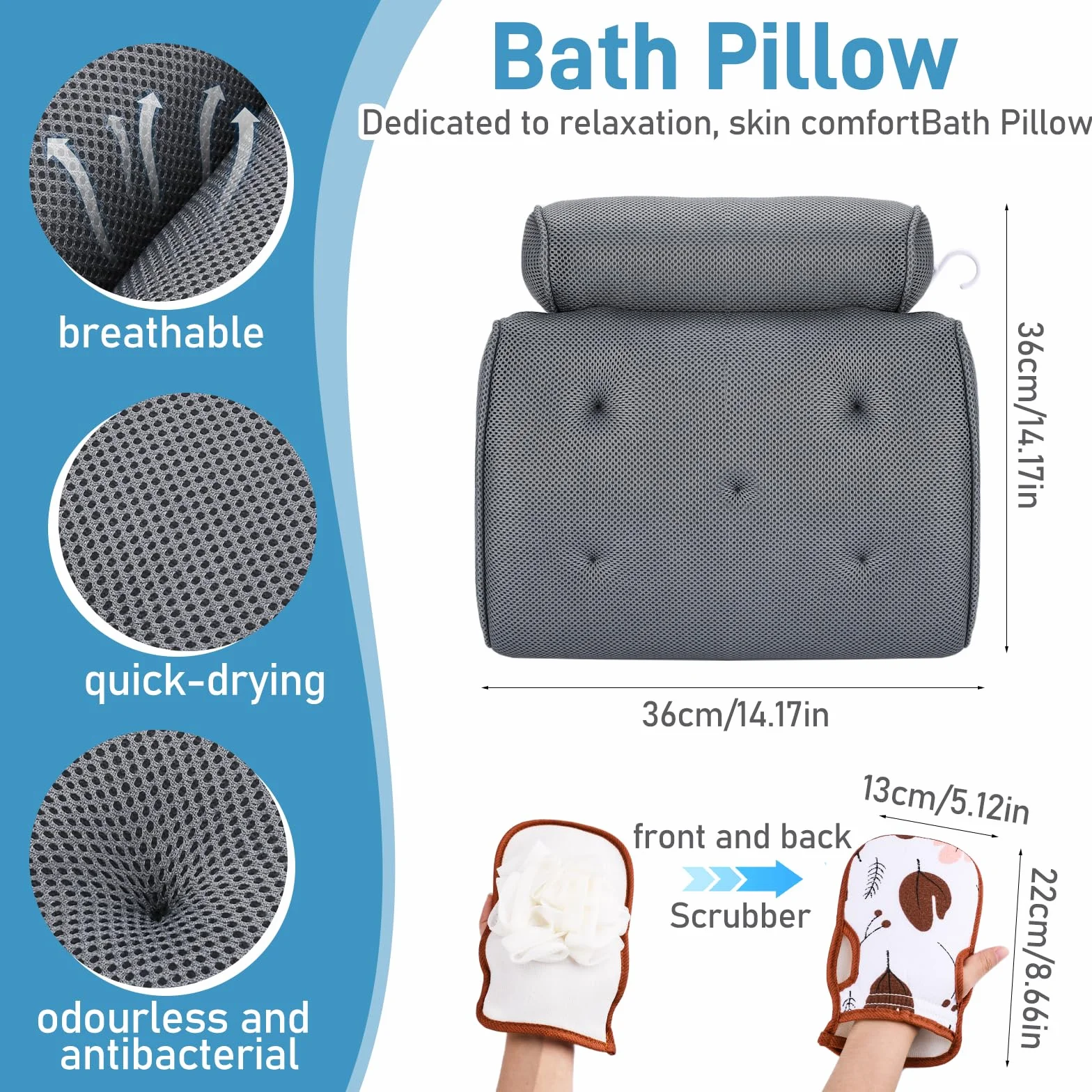 Poduszka do wanny ergonomiczna antypoślizgowa 4D Air Mesh 5 kubków z rękawicami kąpielowymi