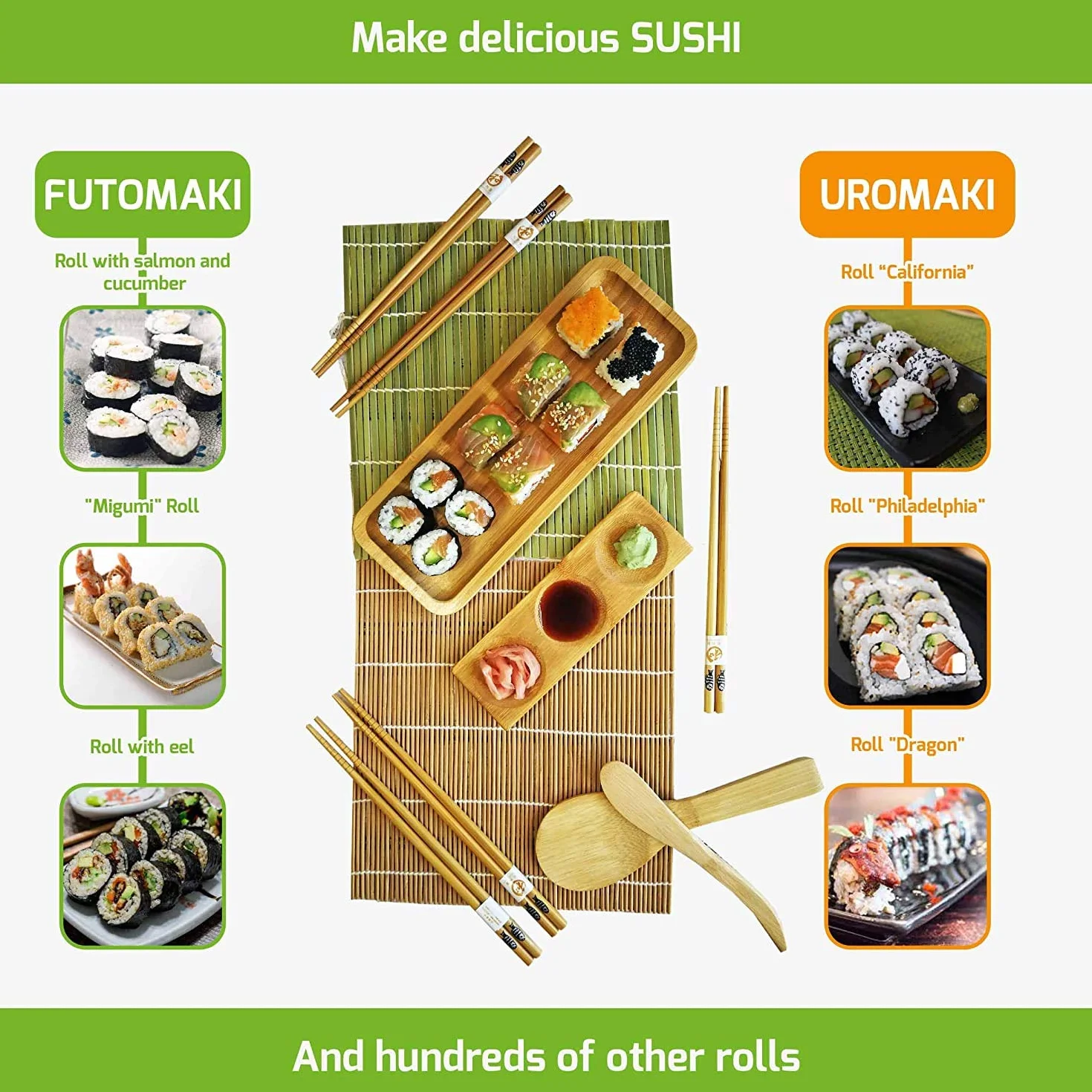 Zestaw do robienia sushi, 11 szt. – bambusowa mata do krojenia sushi i zestaw do serwowania – zrób własne sushi w domu, 2 maty, 5 par pałeczek z torbą, łopatką, rozrzutnikiem, półmisek, półmisek do