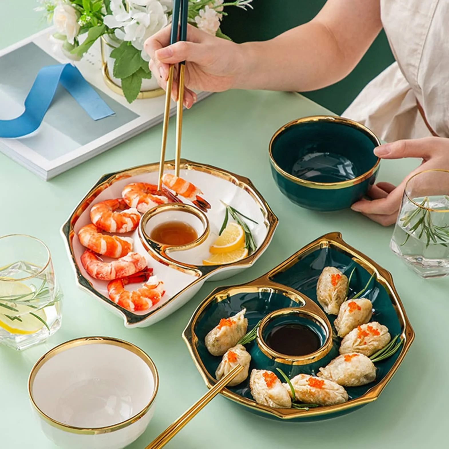 Zestaw talerzy do sushi, ceramiczne naczynia do sushi, tace do sushi i sashimi w kształcie muszli, naczynia na pierożki, talerze do serwowania przekąsek, na które mo,