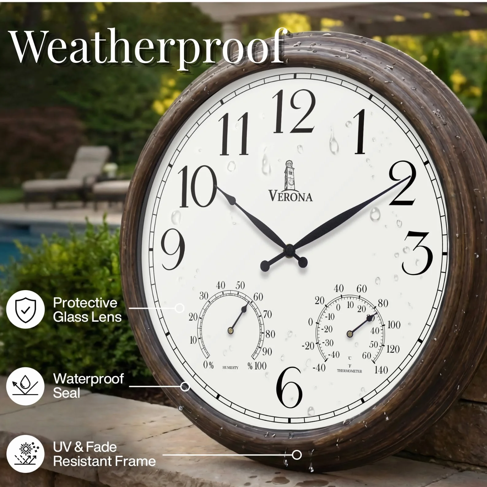 Zegary zewnętrzne na patio, duże, wodoodporne, z termometrem, 61 cm, wewnętrzny, zewnętrzny zegar ścienny z kombinacją temperatury i wilgotności, odporny na warunki atmosferyczne, dokładny i łatwy do