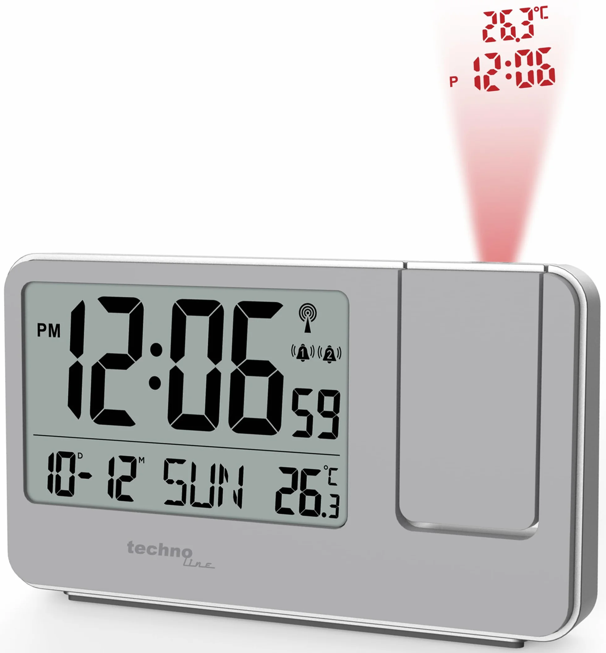 Technoline WT534 budzik z projektorem, zegar radiowy, projekcja temperatury i godziny, srebrny