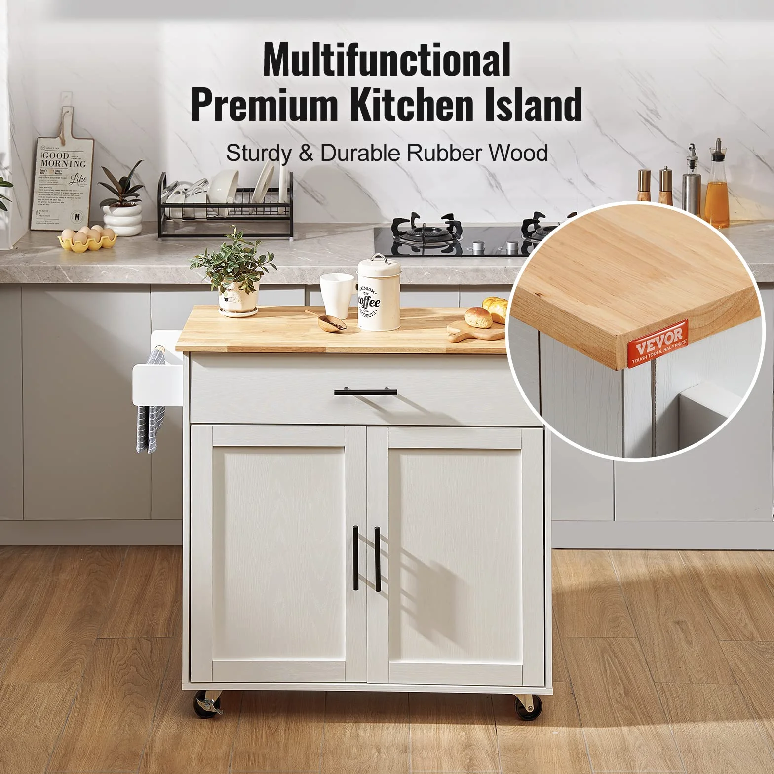 VEVOR Centralna wyspa 90 x 39 cm deska kuchenna z kółkami 1 szafka z 1 szufladą Szafka kuchenna z drewnianą deską roboczą 90x29 cm Uchwyt na przyprawy Wieszak na ręczniki do przechowywania Bar Kuchnia