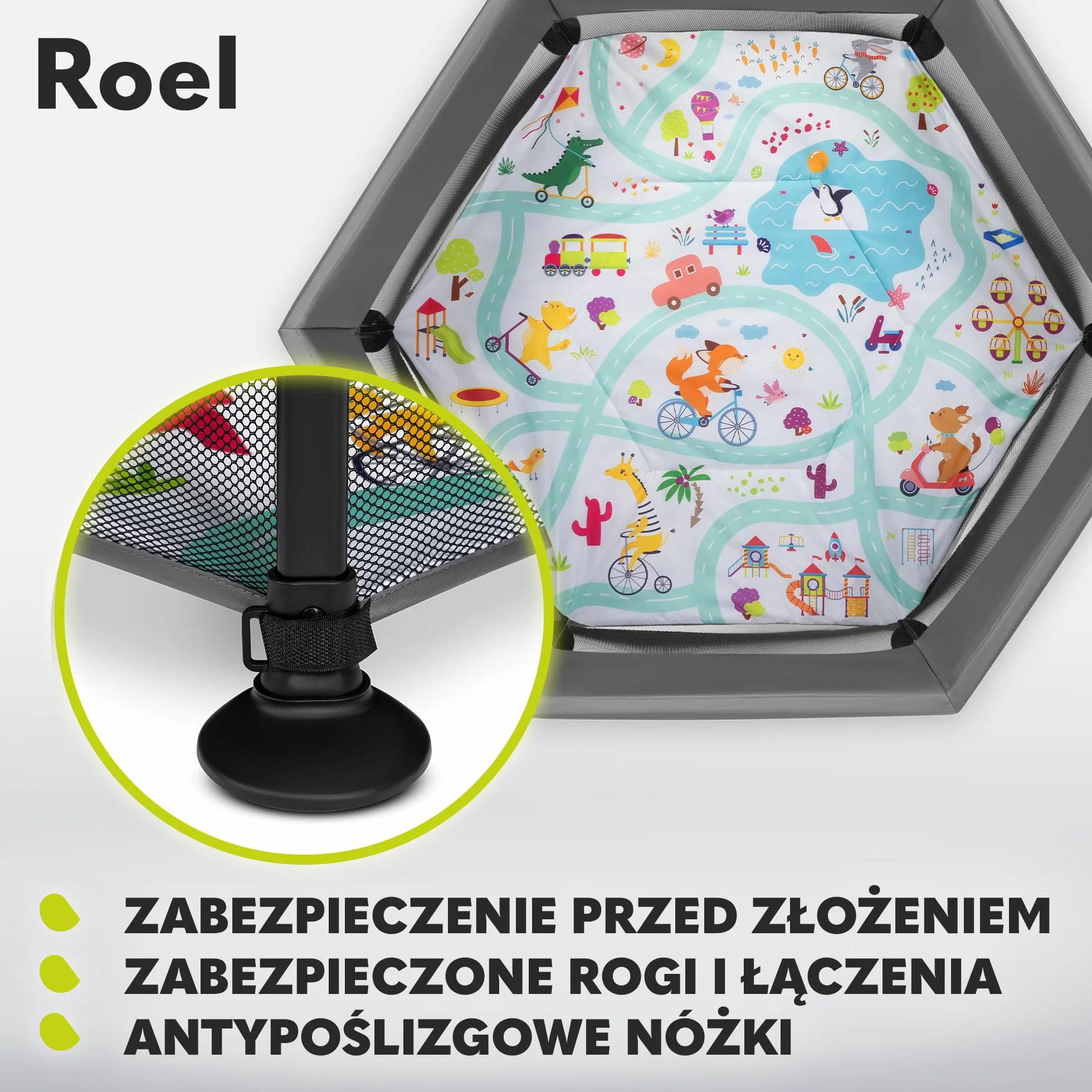 LIONELO Roel kojec dla dzieci do 15 kg, duży format 136 x 86 cm, sześciokątny kształt, LockGuard, zapięcie składane, wzmocniona podstawa, antypoślizgowe stopki, torba ochronna