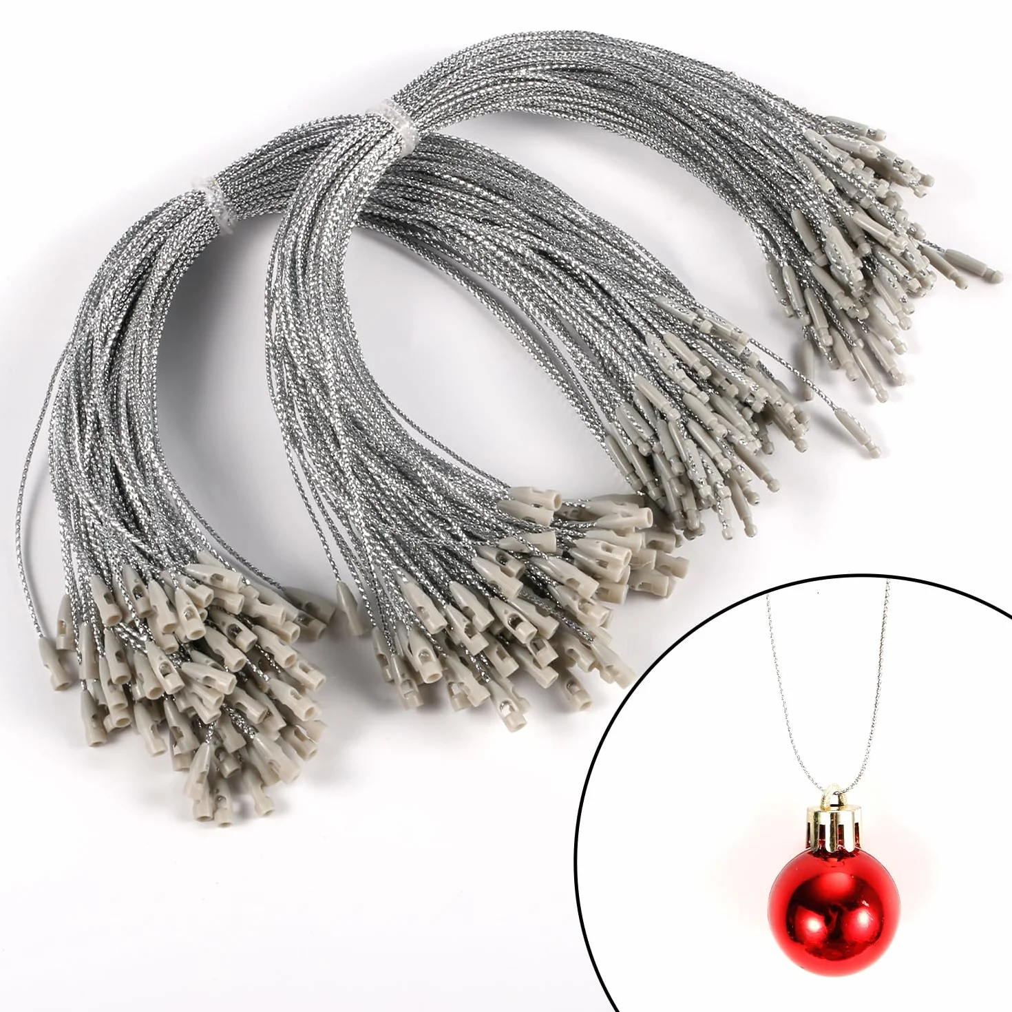 200szt Ozdoba Wieszak Sznurek, Srebrne Ozdoby Swiateczne Wieszaki Sznurkowe Plastikowe Ozdoby Snap Cord Wiszace Sznurki do Dekoracji Ozdoby Choinkowe