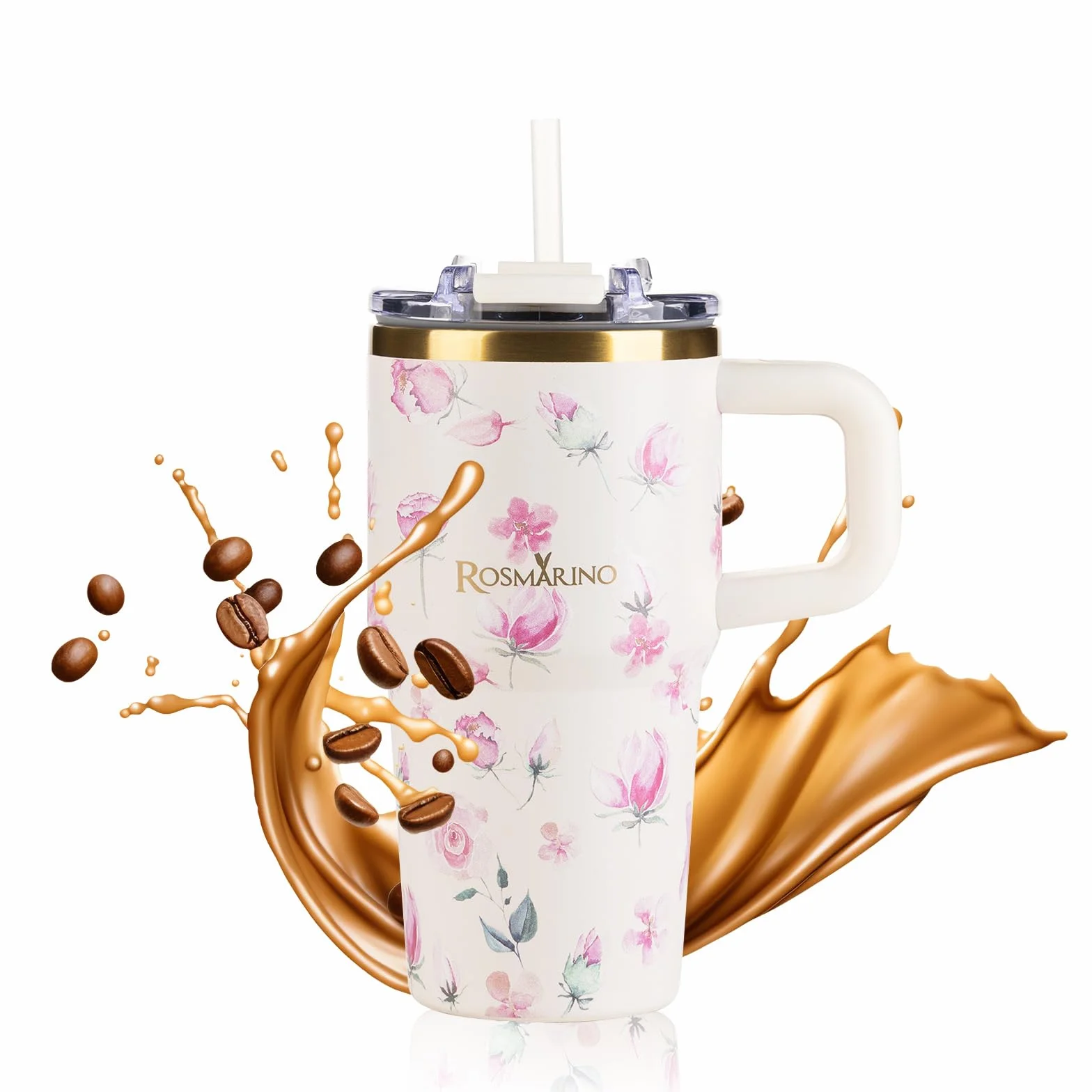 ROSMARINO MegaCup Roses 580 ml – kremowy – izolowany próżniowo kubek podróżny ze stali nierdzewnej – szczelny i wielokrotnego użytku – utrzymuje zimno przez 11 h i ciepło przez 7 h – nie zawiera BPA