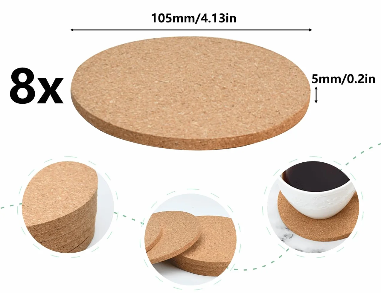8 sztuk podstawek z korka, antypoślizgowe podstawki wielokrotnego użytku, podstawki pod napoje, podstawki korkowe, szklane podstawki (105 x 5 mm)