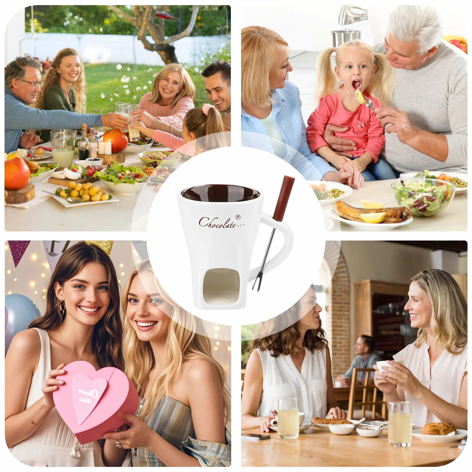Wvu & Wvo 200 ml ceramiczny zestaw do fondue czekoladowego, kubek do topienia czekolady, fondue, widelec i podgrzewacz, do sera, czekolady, masła, karmelu