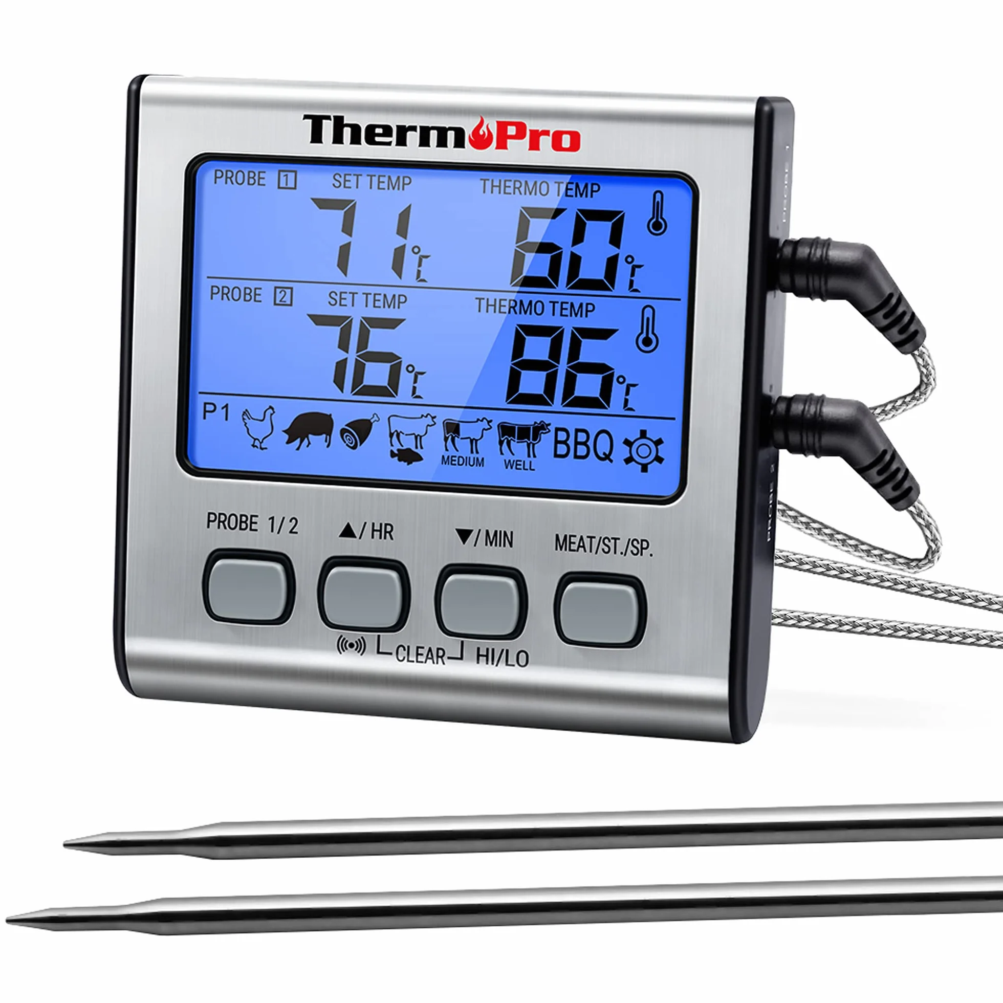 ThermoPro TP17 Cyfrowy termometr do mięsa Termometr do żywności Podwójne sondy temperatury żywności do palacza Piekarnik kuchenny Duży termometr kuchenny z podświetleniem LCD z alarmem czasowym