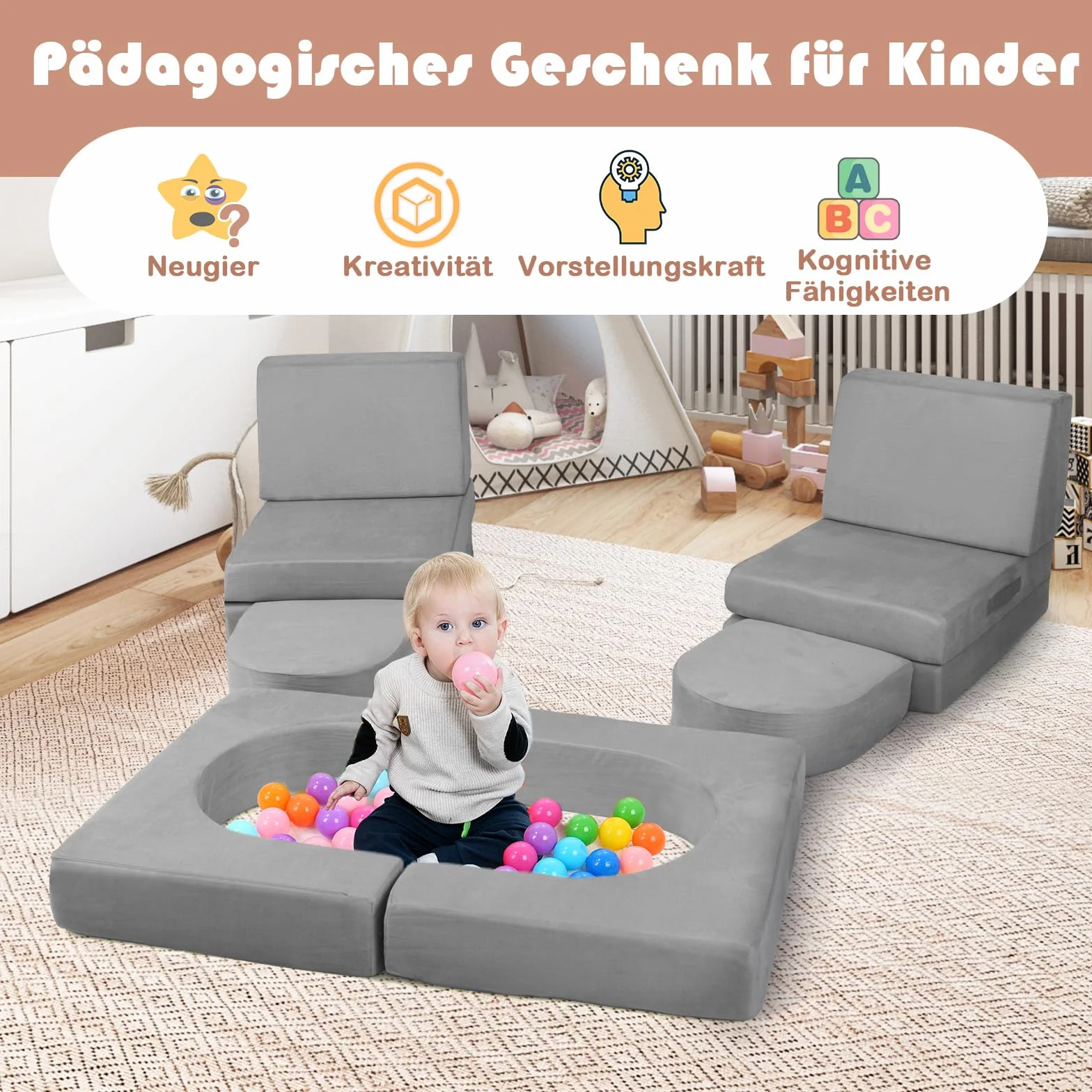 COSTWAY Sofa dziecięca 8-częściowa, sofa do zabawy z pianki z klocków z wygodnego zamszu, modułowa sofa do zabawy dla dzieci (szara)