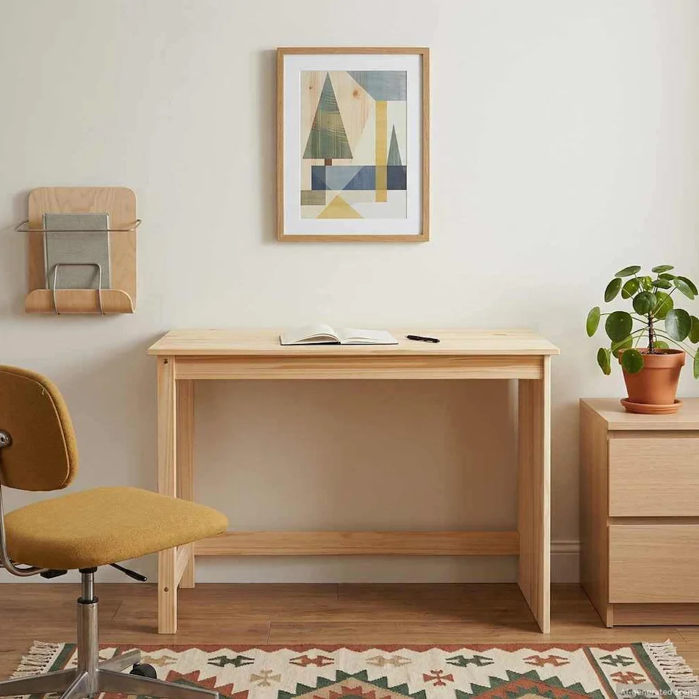Biurko brązowe, lite drewno sosnowe, 112 x 50 x 75 cm, prostokątne, do domu, biura, gabinetu, laptopa, PC, ergonomiczne, z półką