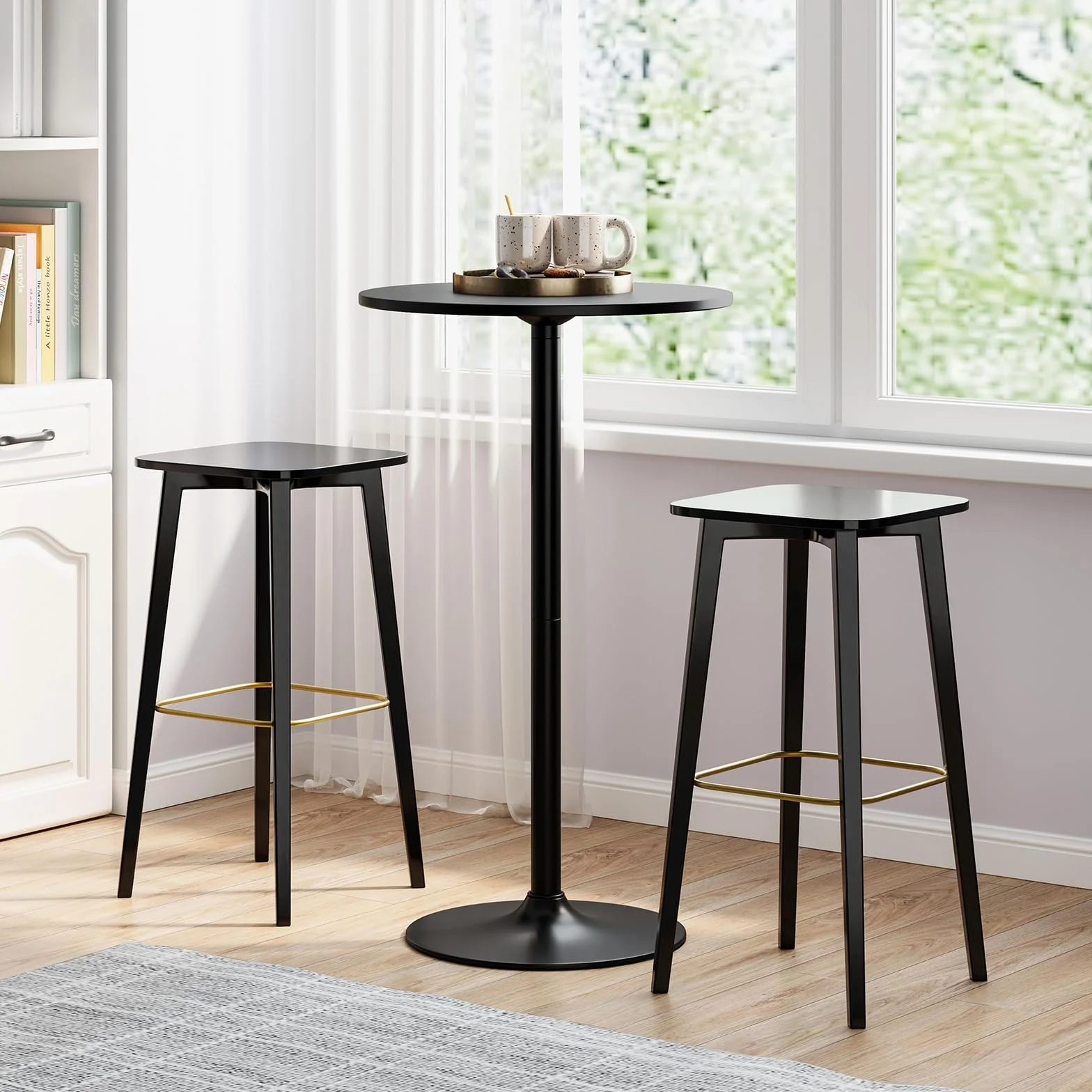 COSTWAY stół barowy i do jadalni, 2 w 1, regulacja wysokości 56/101,5 cm, okrągły stół bistro na balkon, do klubu, pubu, domu, czarny