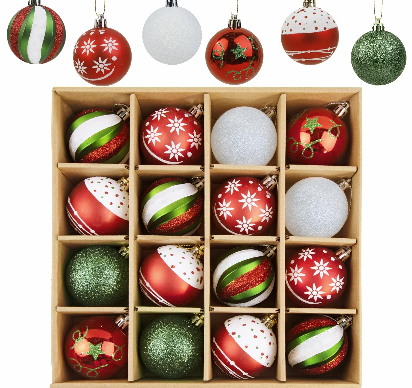 Bombki bożonarodzeniowe czerwone, zielone, białe, Anstore 6 stylów designu bombki choinkowe 6cm z tworzywa sztucznego ornament z zawieszką, 16 sztuk kolorowy zestaw ozdób choinkowych, ozdoby choinkowe