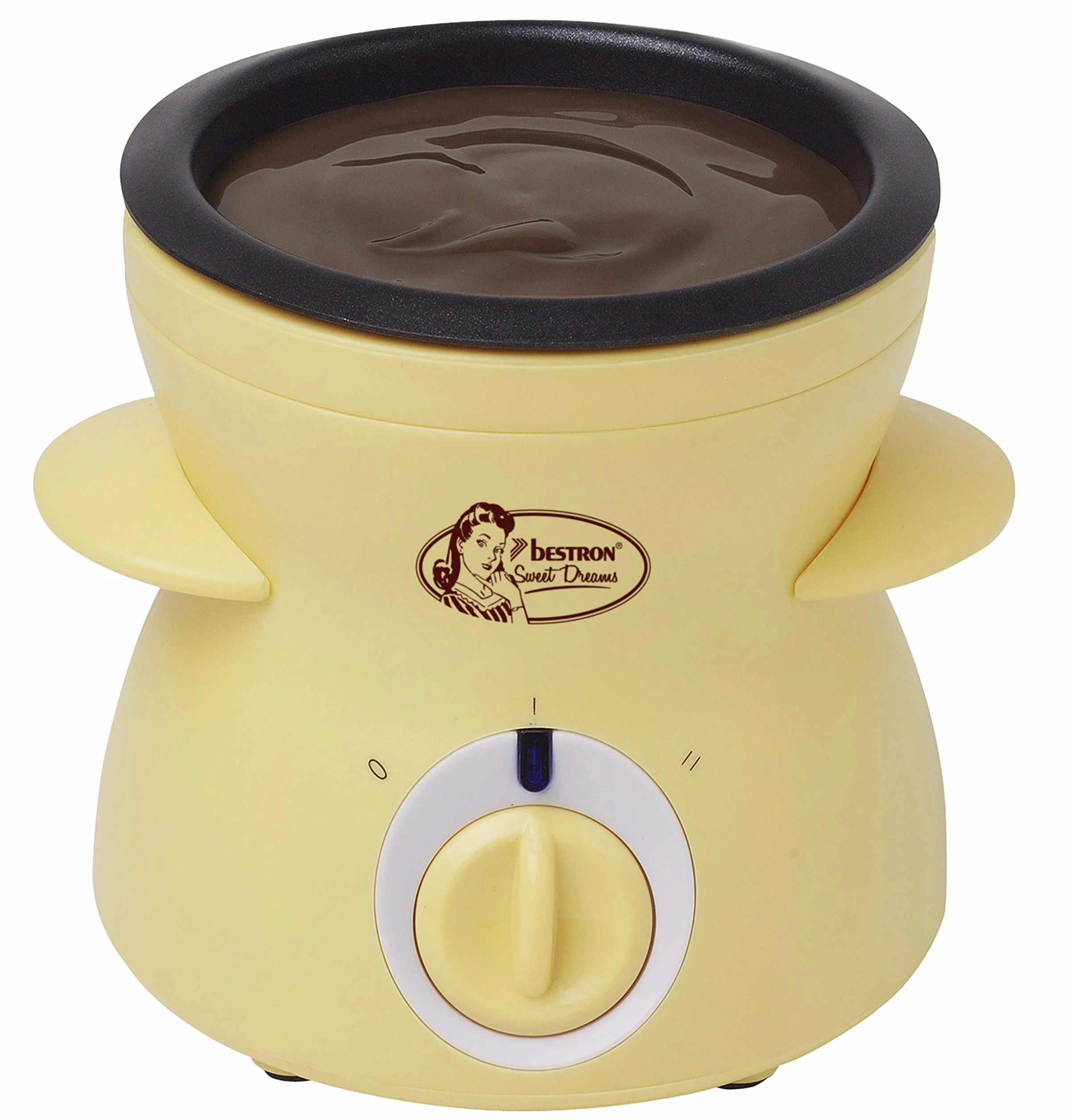 Bestron Czekoladowe fondue dla 2 osób, mini zestaw do fondue czekoladowego, w zestawie 10 szpikulców, 10 widelców i 1 szpatułka, 25 W, żółty