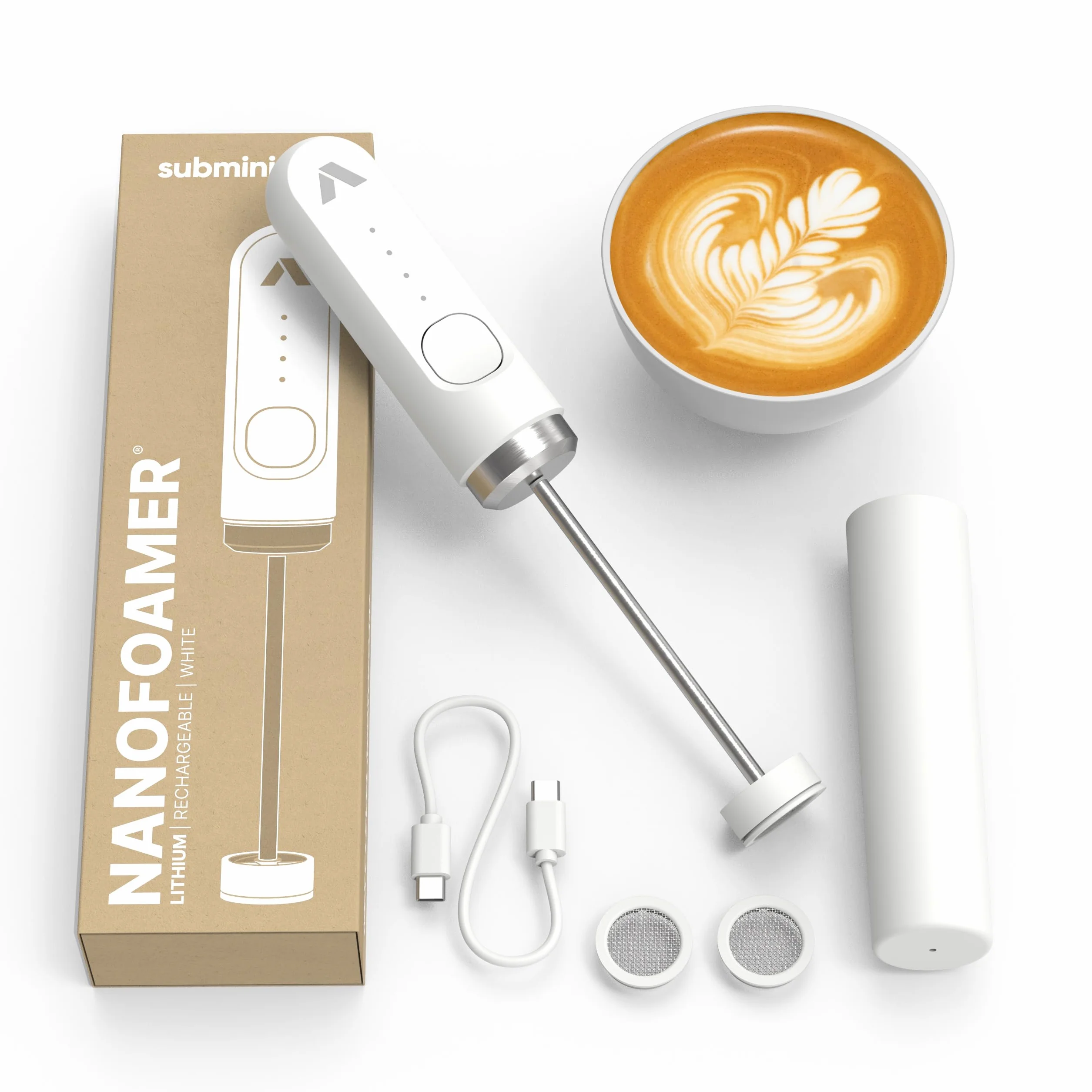 Subminimal NanoFoamer White Special Edition litowy ręczny spieniacz na mleko; sprawia, że mleko z mikrofonem premium do napojów kawowych w stylu baristy w domu. USB-C