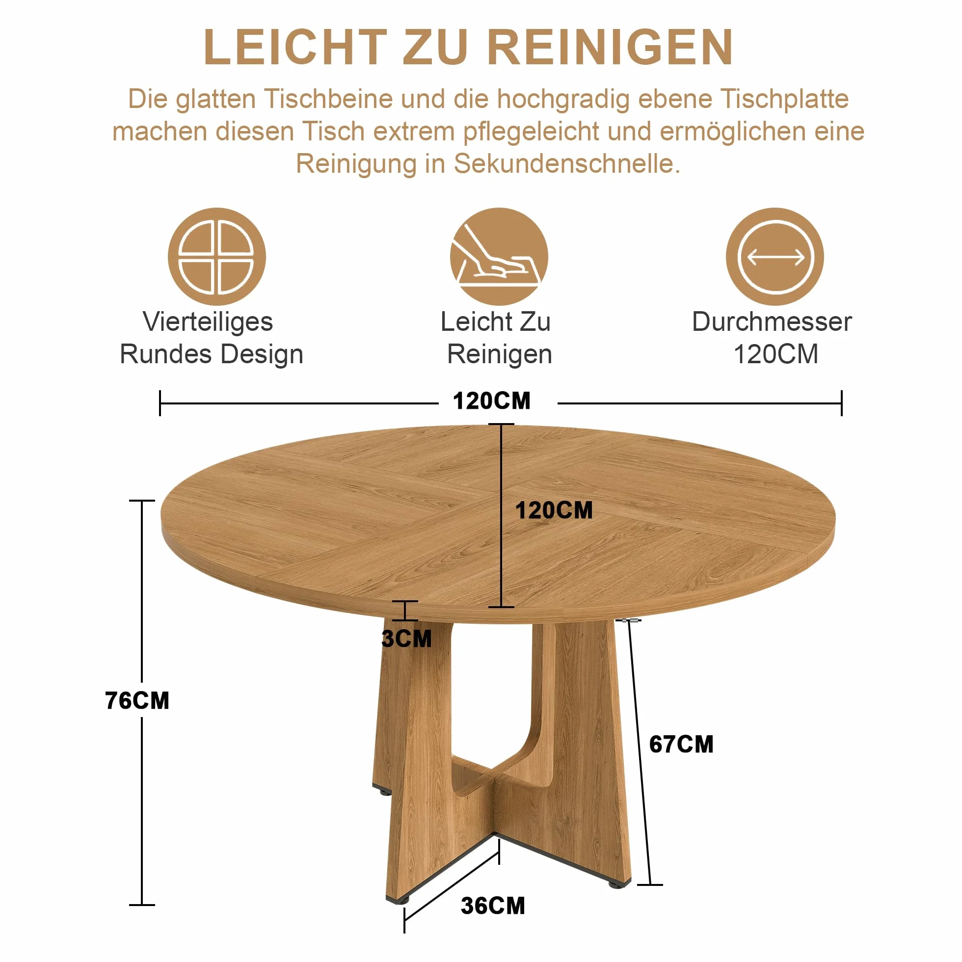 Okrągły stół do jadalni, wygląd dębu, odporny na zarysowania, odporny na wysokie temperatury, stabilny | Blat stołu z płyty MDF, fornir dębowy, 120 cm, dla 4-6 osób, do jadalni, kuchni, salonu, łatwy montaż