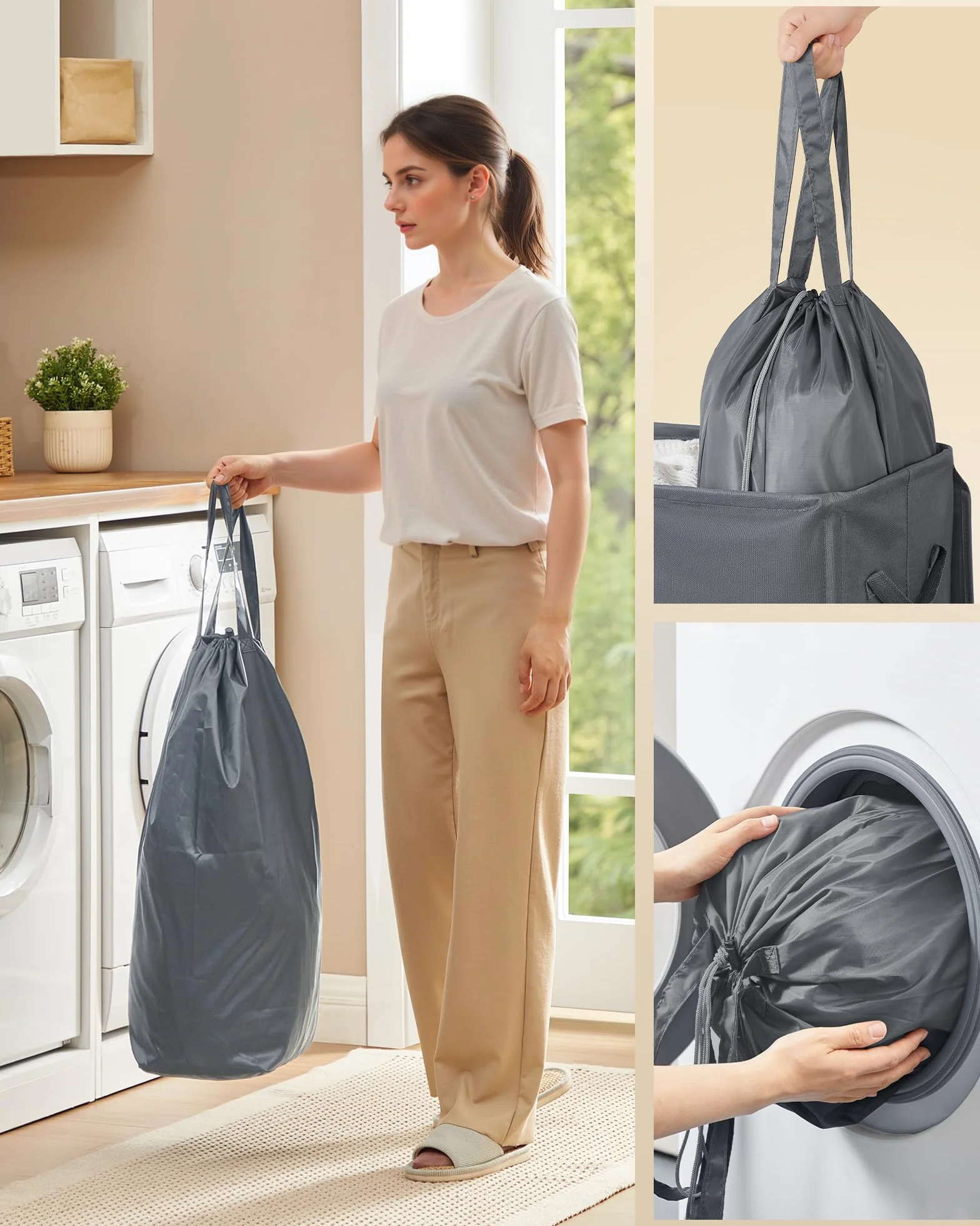 SONGMICS Kosz na pranie, 3 przegrody, 160 l, z pokrywką, 5 etykiet, wyjmowana i nadająca się do prania wewnętrzna torba, pralnia, sypialnia, ciemnoszary RLH013G01