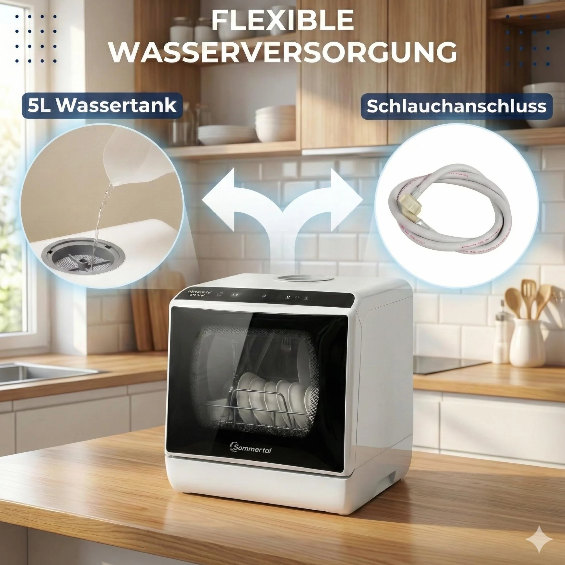 Sommertal Zmywarka stołowa SP5 Dual – mini zmywarka do naczyń lub zmywarka stołowa z 6 programami prania, pokrywa czyszczenia 360°, elastyczne zaopatrzenie w wodę – na kemping i do kampera
