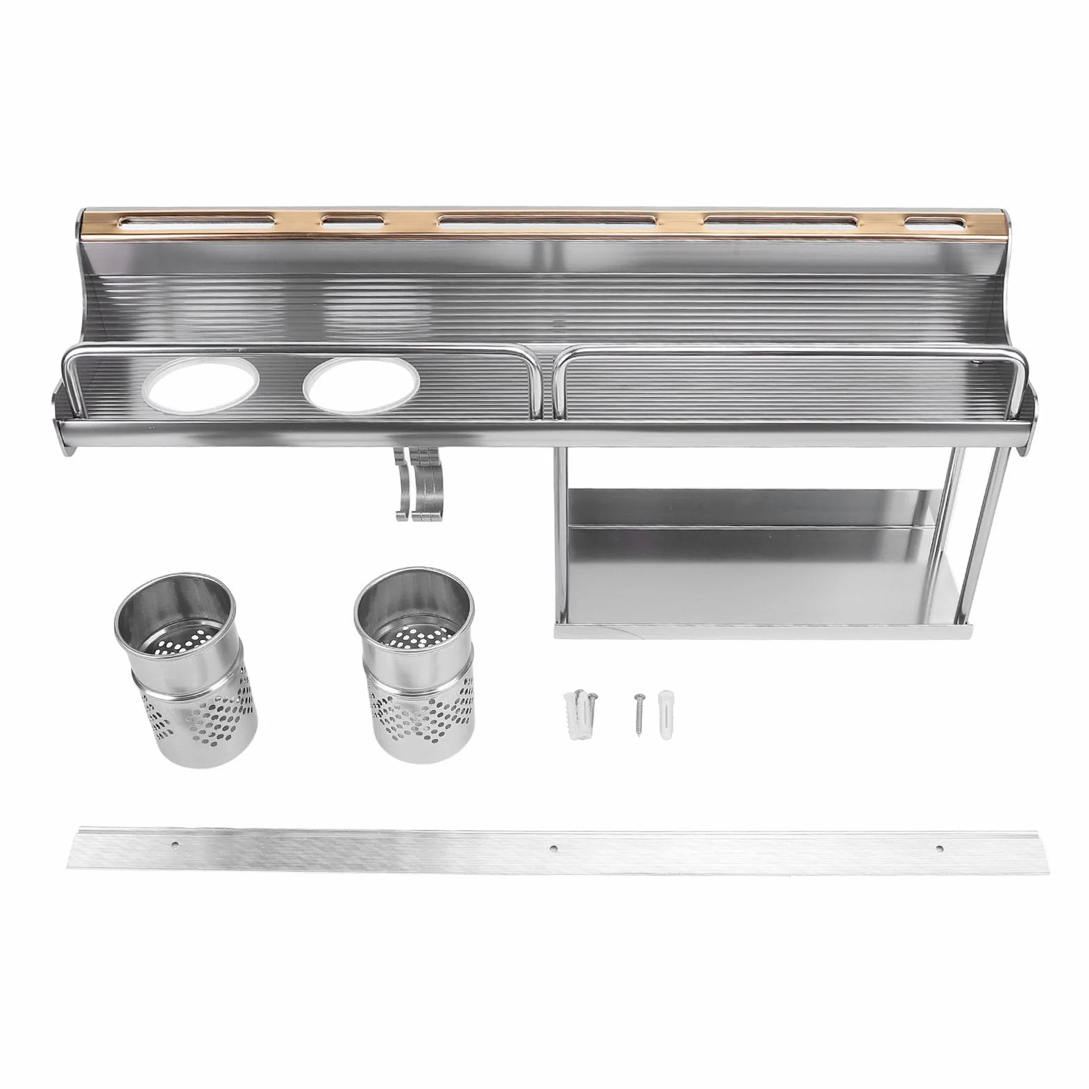 Stojak na przyprawy Vomeko, ścienny, aluminiowy, z organizerem na przybory kuchenne i dwoma uchwytami na pałeczki, oszczędzający miejsce w kuchni, wielofunkcyjny.