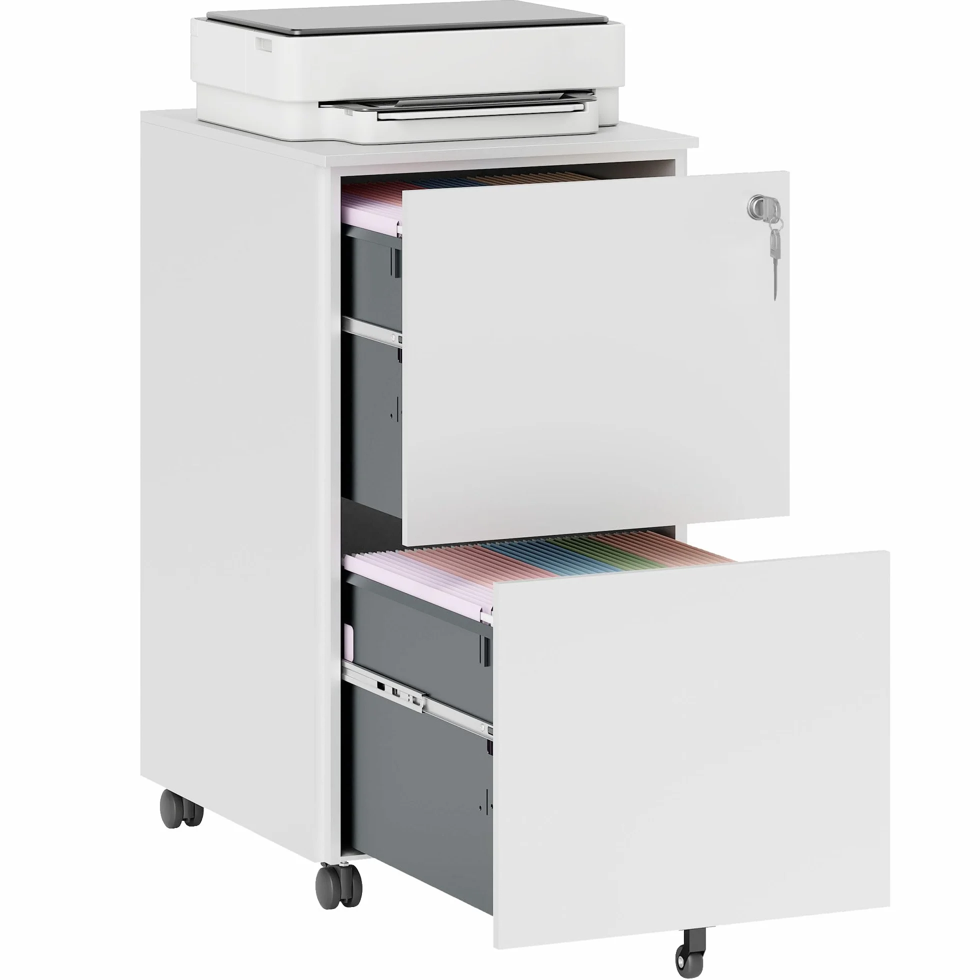 Vinsetto Pionowa szafka na dokumenty z 2 szufladami, z zamkiem i 5 kółkami, stalowa mobilna szafka na dokumenty, na dokumenty A4, format prawny i listowy, wstępnie zmontowany korpus, biała