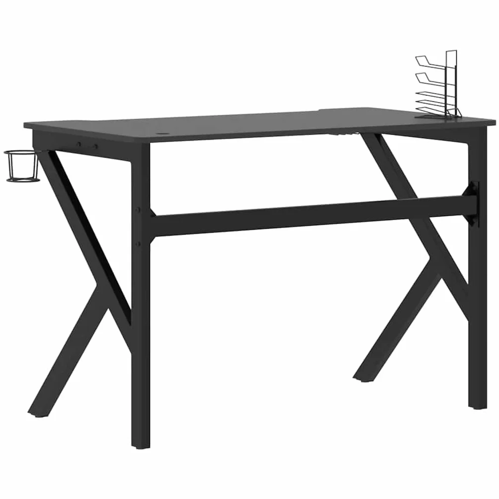 Biurko gamingowe ze stelażem K w kolorze czarnym i czerwonym 110 x 60 x 75 cm, ergonomiczne biurko komputerowe z półką na słuchawki, uchwytem na kontroler i wbudowanym uchwytem na kubek