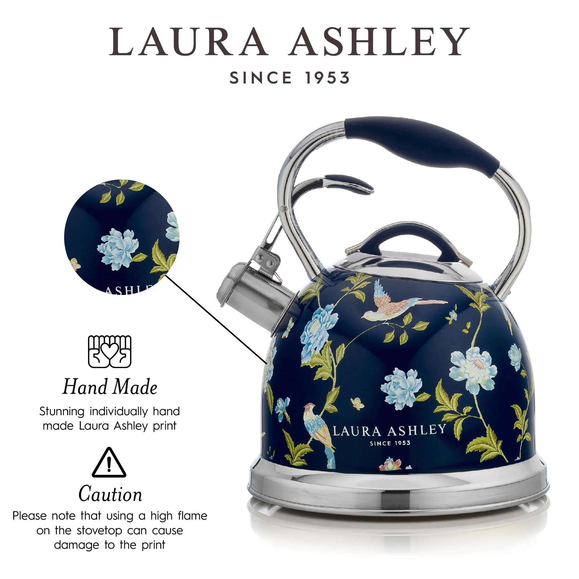 Laura Ashley Elveden Granatowy Czajnik Indukcyjny 2.5 Litry od VQ - Gwizdający Czajnik Szybko Gotujący na Kuchenkę Gazową, Indukcyjną lub Inne Kuchenki z Mechanizmem Przyciskowym