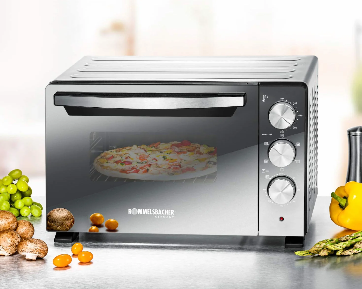 ROMMELSBACHER Back & Grill Piec BGS 1400 – energooszczędny i wydajny, pojemność 22 l, komora do pieczenia z powłoką zapobiegającą przywieraniu, 6 trybów ogrzewania, rożen obrotowy, zegar sterujący 60