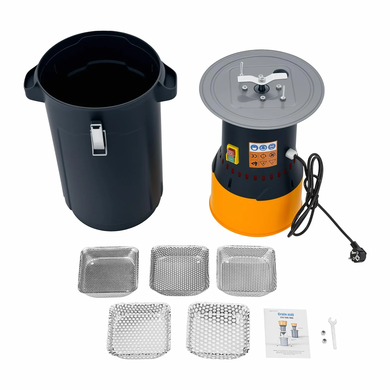 Elektryczny młynek do zbóż, 25 l, młynek do kukurydzy, młynek do zbóż, kukurydzy, zbóż, pszenicy, żywności, młynek do mąki, 5 rozmiarów, sitko + 1 klucz, do