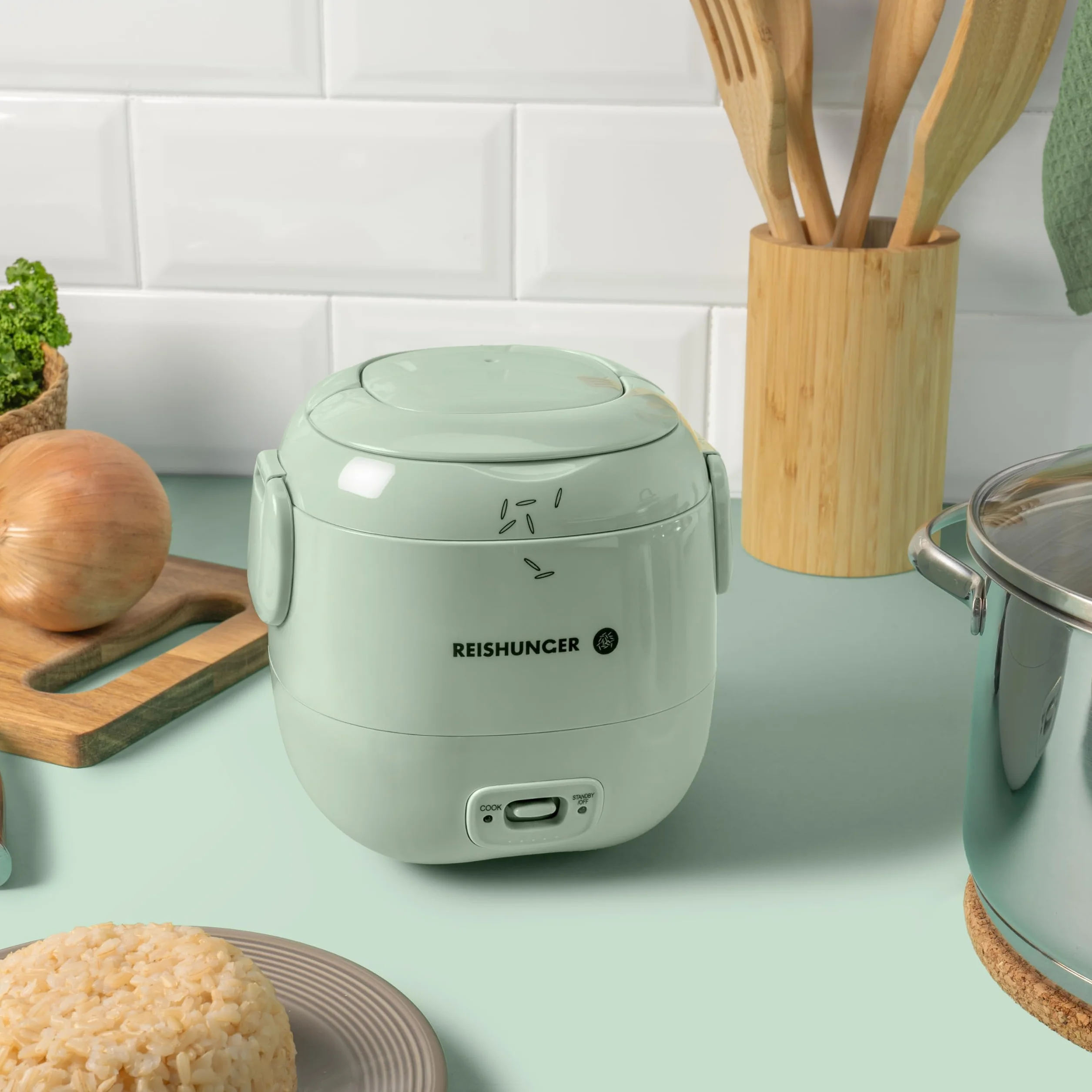 REISHUNGER Mini kuchenka do gotowania ryżu, kolor szałwiowy | 0,3 l – 1 – 2 porcje | powłoka ceramiczna – garnek premium | kompaktowy rozmiar do małych domków i do zabrania w podróż