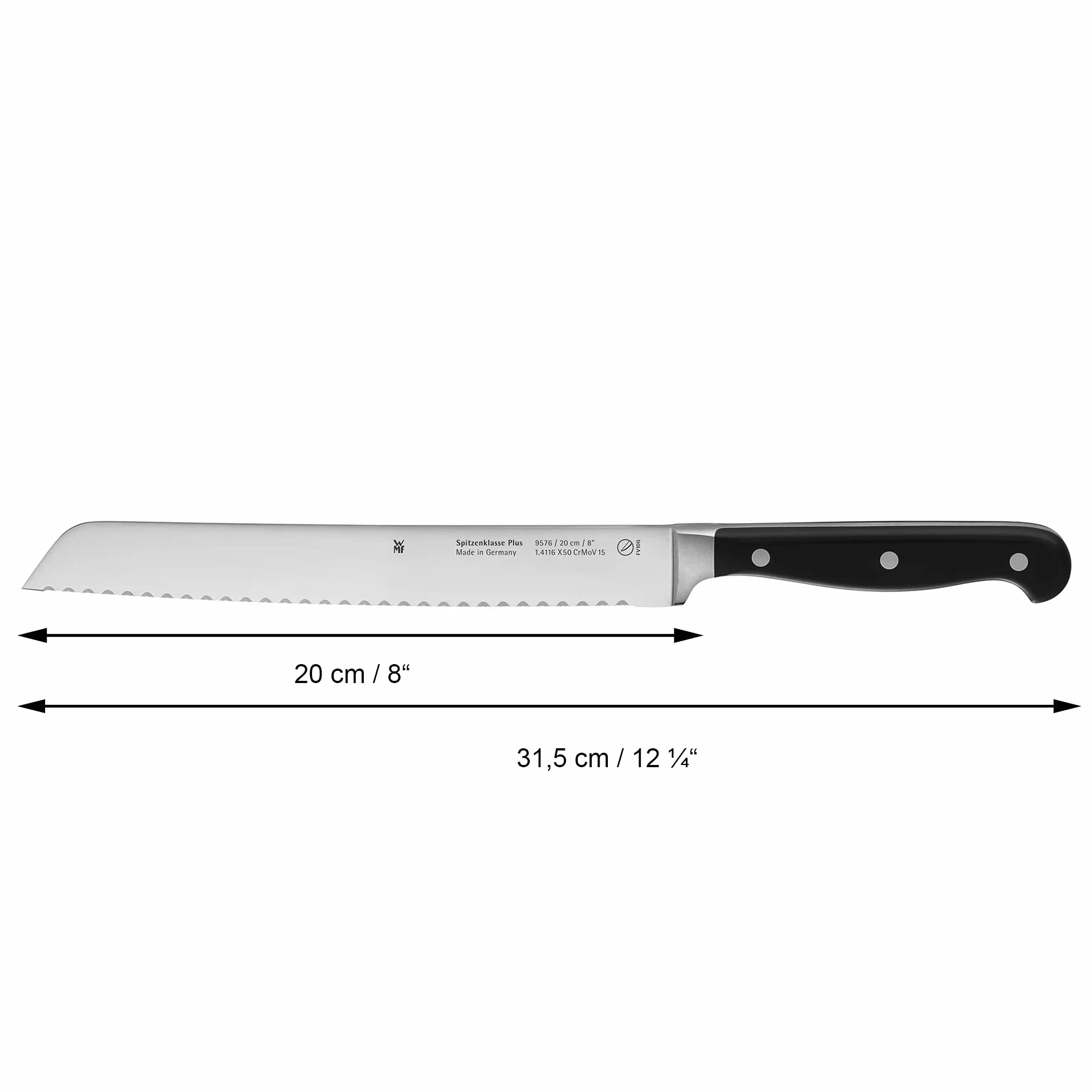 WMF Spitzenklasse Plus nóż do chleba, ostrze z podwójnym ząbkowaniem, 31,5 cm, nóż do bułek, wyprodukowano w Niemczech, Performance Cut, uchwyt XL, nóż do chleba, ostrze 20 cm