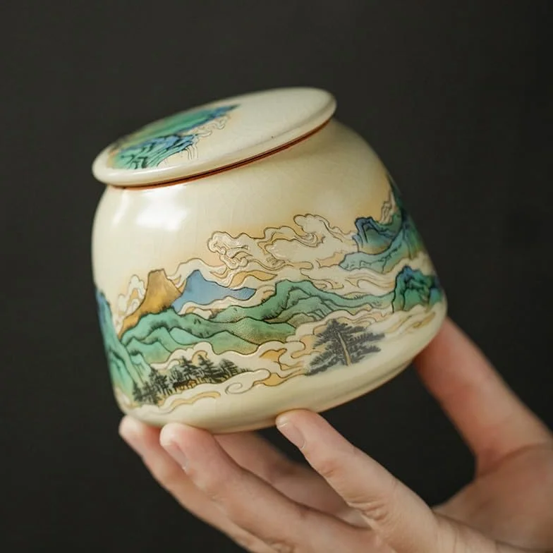 Pojemniki na herbatę na herbatę sypką Beżowy ceramiczny pojemnik na herbatę Ru Kiln, mały rozmiar, zielony Pu'er, czerwony i liście, zamknięte kadzidło w proszku