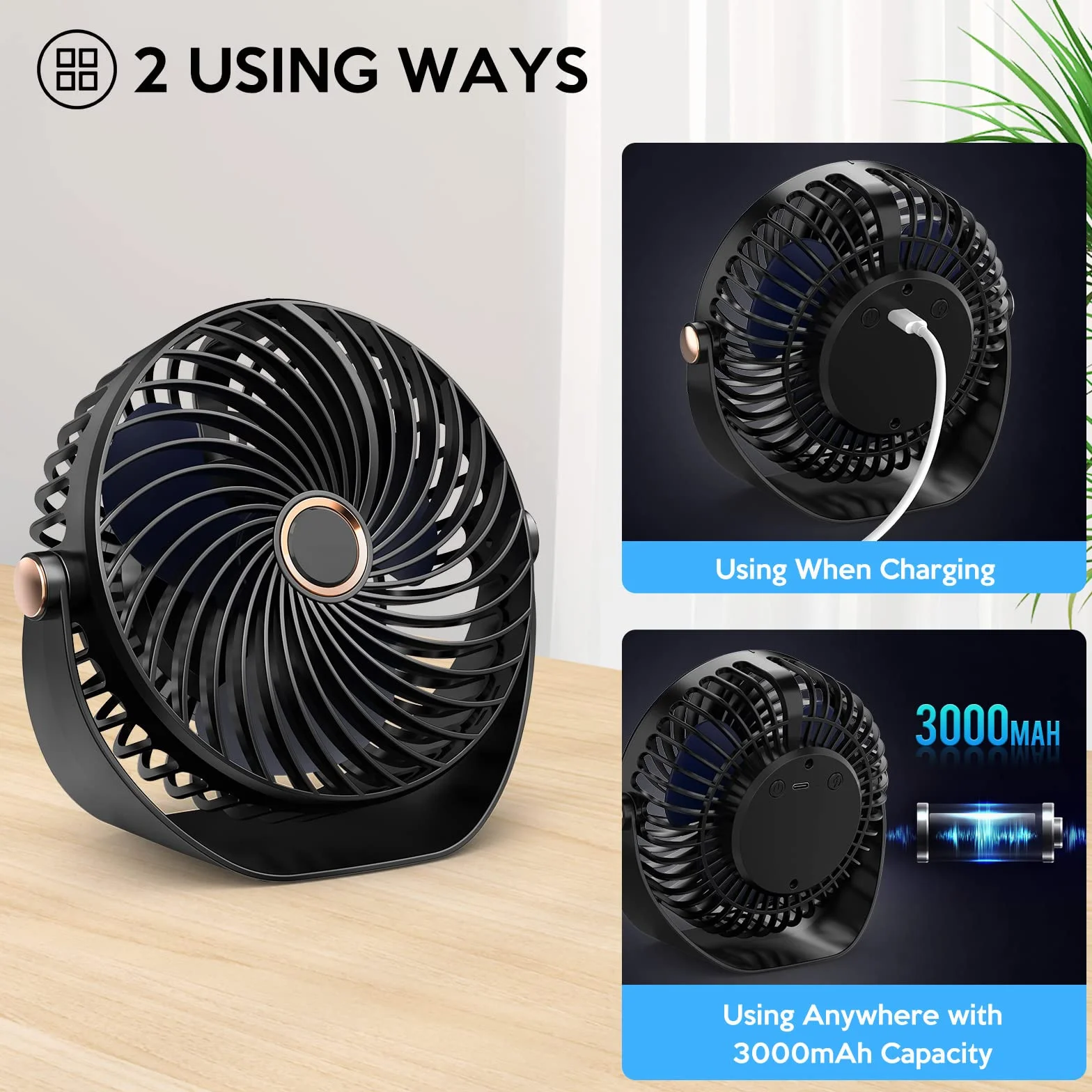 KICLBD M93 Mini wentylator z 5 prędkościami, silny przepływ powietrza, chłodzenie, przenośny i bardzo cichy, obracana o 360° głowica, ładowanie USB, do domu, biura, sypialni, biblioteki, czarny